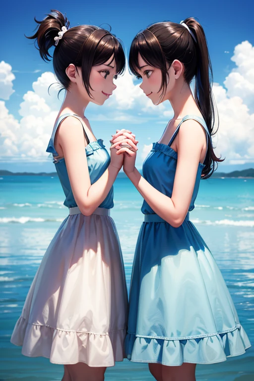 (Positive focus, Original photo),(((model shoot,2girls,duo,Hugging))),navel,Portrait close-up, (Sunset: 1.1), Surrealistic Female Portraits by David Hockney and Alphonse Mucha, Fantasy art, (Blue pupil: 1.4, shiny pupils: 1.4, Big eyes: 1.1), Photo fidelity, Dynamic lighting, Art Station, poster for, voluminetric lighting, Very detailed face, 4K, Award-winning, Shadows, understated, (official outfit: 1.4, Complex clothing), Looking at the camera, Bust Up Shot, (Realistic face)),