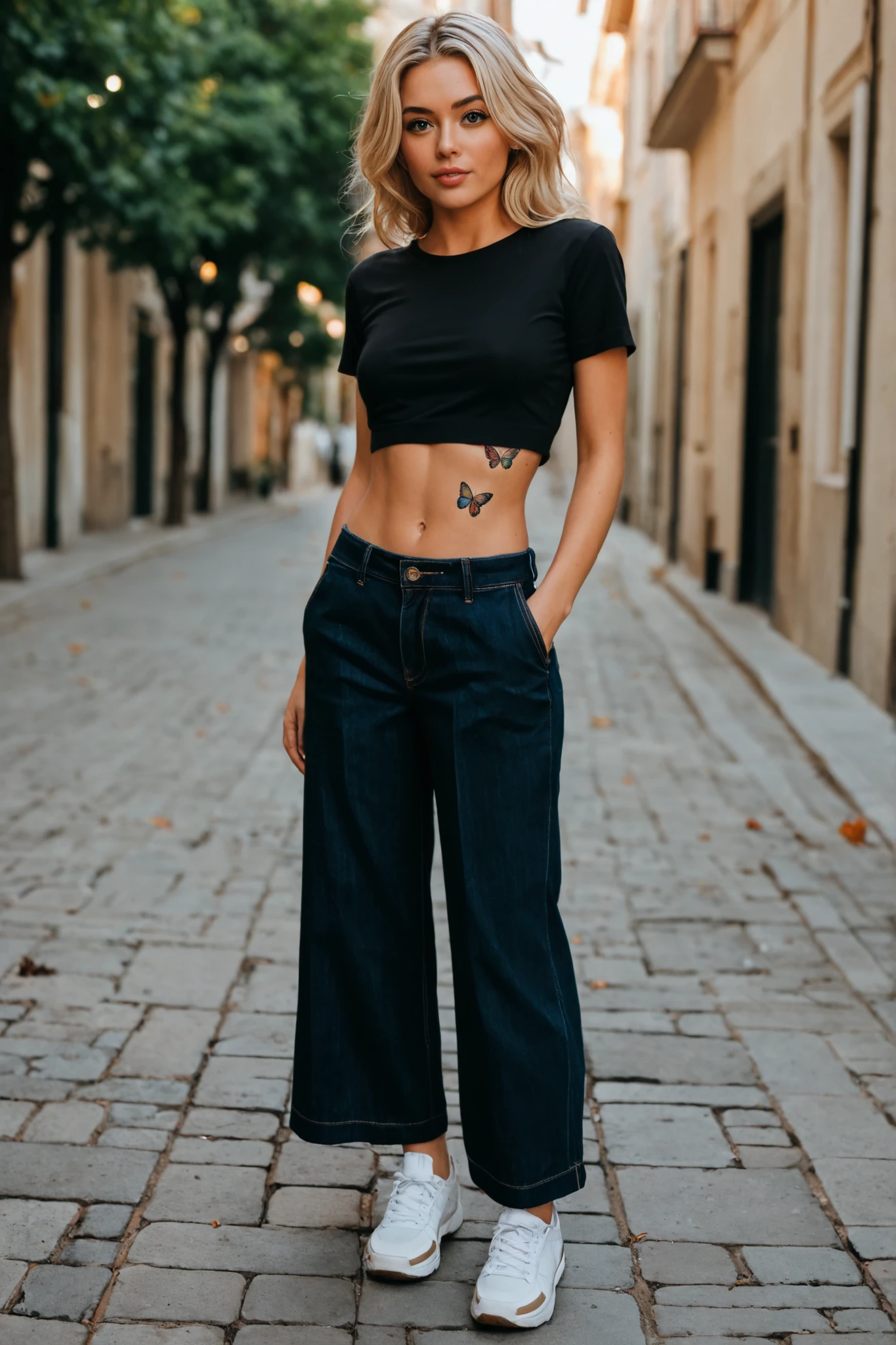 Show her from the back looking over her shoulder with only a bra and panties. Add a small butterfly tattoo above her right elbow 