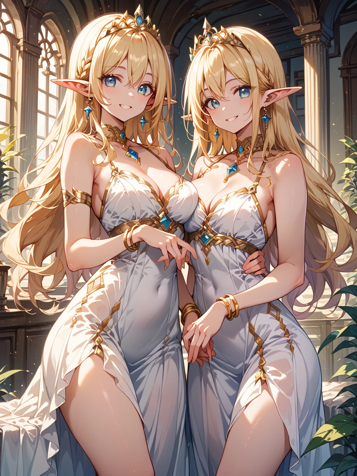 8K, 4k, highest quality, High resolution: 1.2), (masterful, realistic, photoreal: 1.4), three women, beautiful face, she is crying、Shining Lipin Eyes, beholder, Fair skin, white skin: 1.5), Fine complexion, big, big, blonde hair color、bangs, , both sides up,, young, s asack-view、big ass、super breasts、H cup、lower hair、standinian hair、Horns grow from the head、Rear view、exposed nipples、T-back that digs into the buttocks、T-back lingerie、wear a white thong、white langerie、emphasize the buttocks、Harem、Long ears like elves
