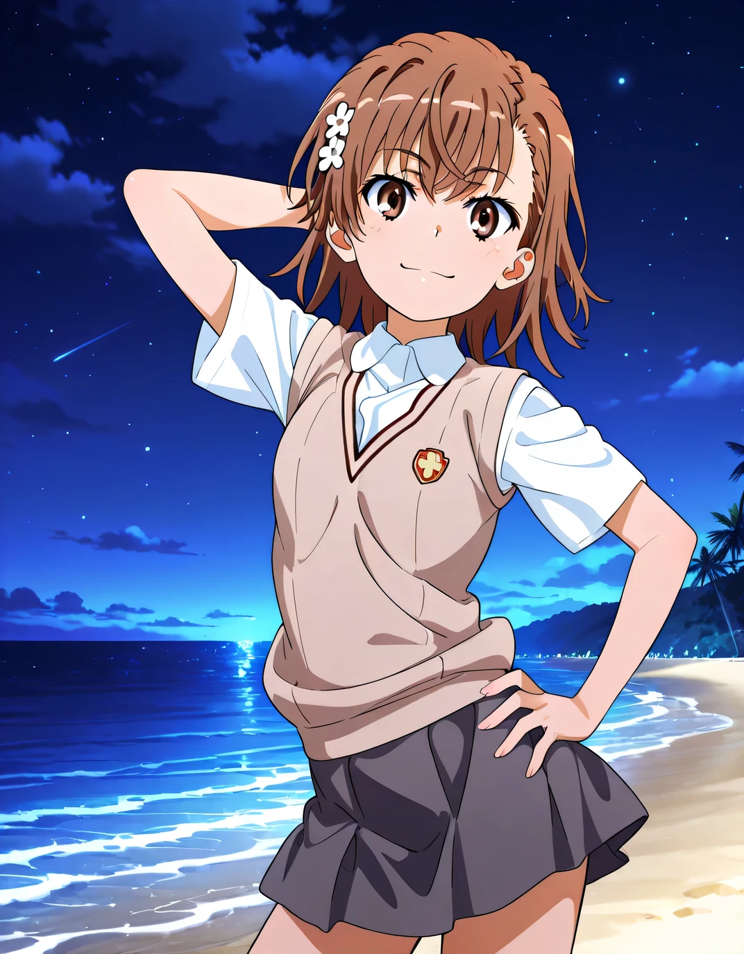 misaka mikoto, anime screencap, short hair, brown hair, hair ornament, hairpin, flower hairpin, hair flower, brown eyes, tokiwadai school uniform, white shirt, brown sweater vest, short sleeves, v-neck, skirt, high quality, solo, cowboy shot, (contrapposto), hand behind head, hand on hip, closed mouth, night sky, beach, looking at viewer, smile, best quality