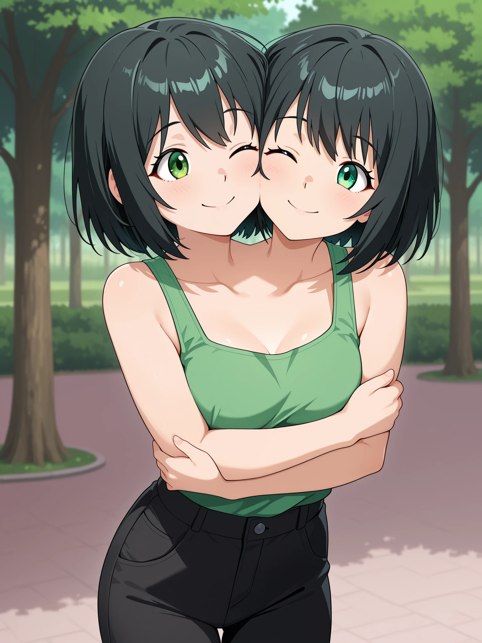 conjoined, anime girl with two heads, black hair, green eyes, one eye open and one eye closed, hugging herself, smiling, closed mouth, cheeks pressed together, green tank top, black pants, park