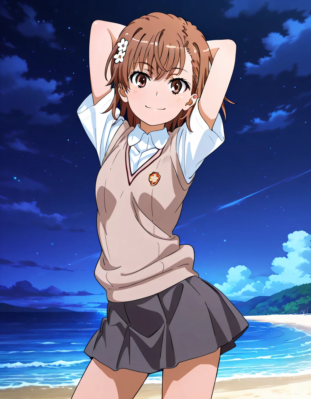 misaka mikoto, anime screencap, short hair, brown hair, hair ornament, hairpin, flower hairpin, hair flower, brown eyes, tokiwadai school uniform, white shirt, brown sweater vest, short sleeves, v-neck, skirt, high quality, solo, cowboy shot, (contrapposto), arms behind head, closed mouth, night sky, beach, looking at viewer, smile, best quality