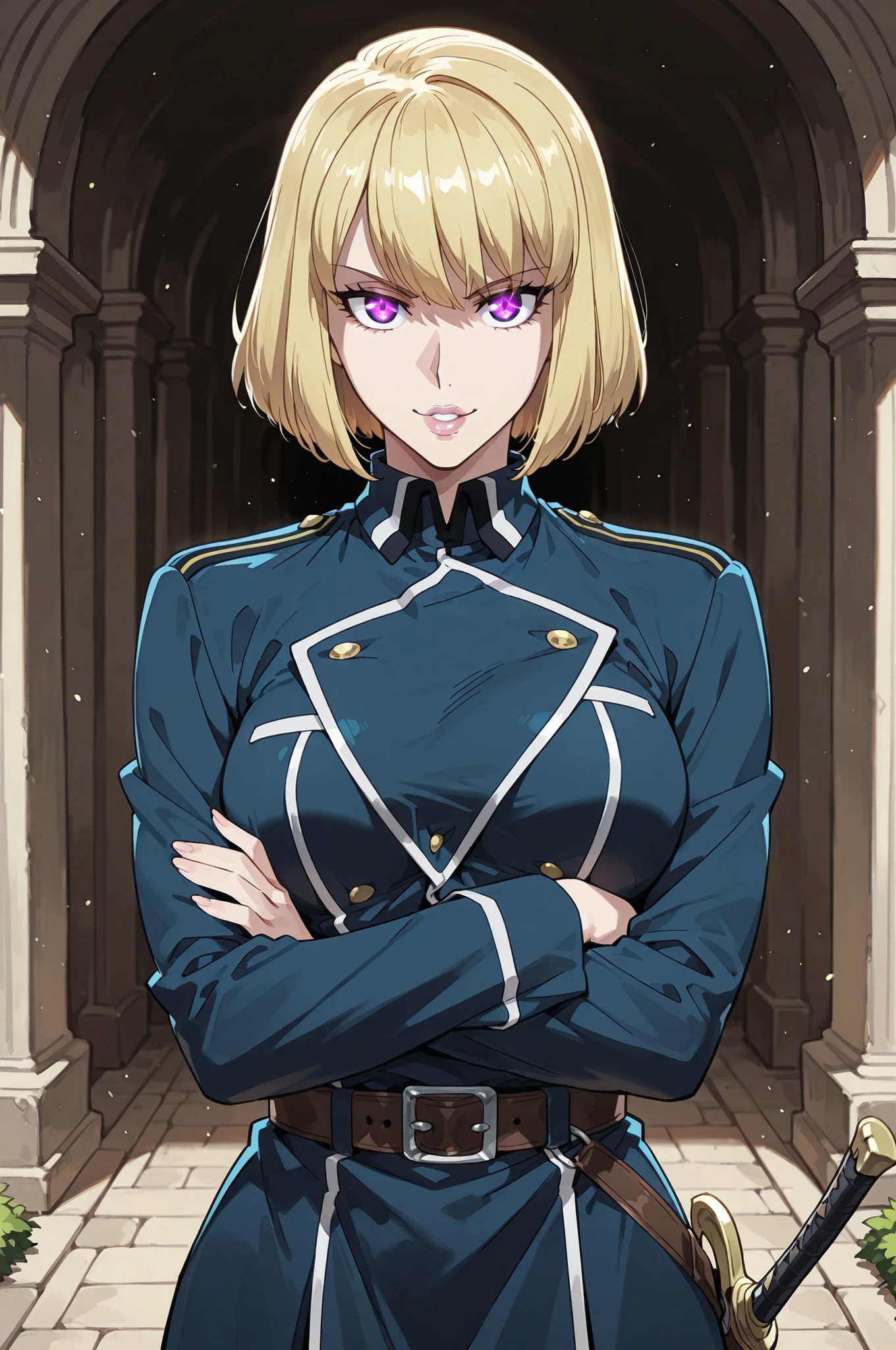 lazypos, 1girl, solo, looking at viewer, wideshot, from front, standing, detailed eyes, looking at viewer, shadow, ligh particles, full lips, thick lips, Inspiring, arms crossed, confident smile, confident expression,
cha hae-in, blonde hair, medium breasts, violet eyes, short hair, glowing eyes, medium breasts, blue military uniform, greek garden background, leather utility belt with scabbard for a sword,