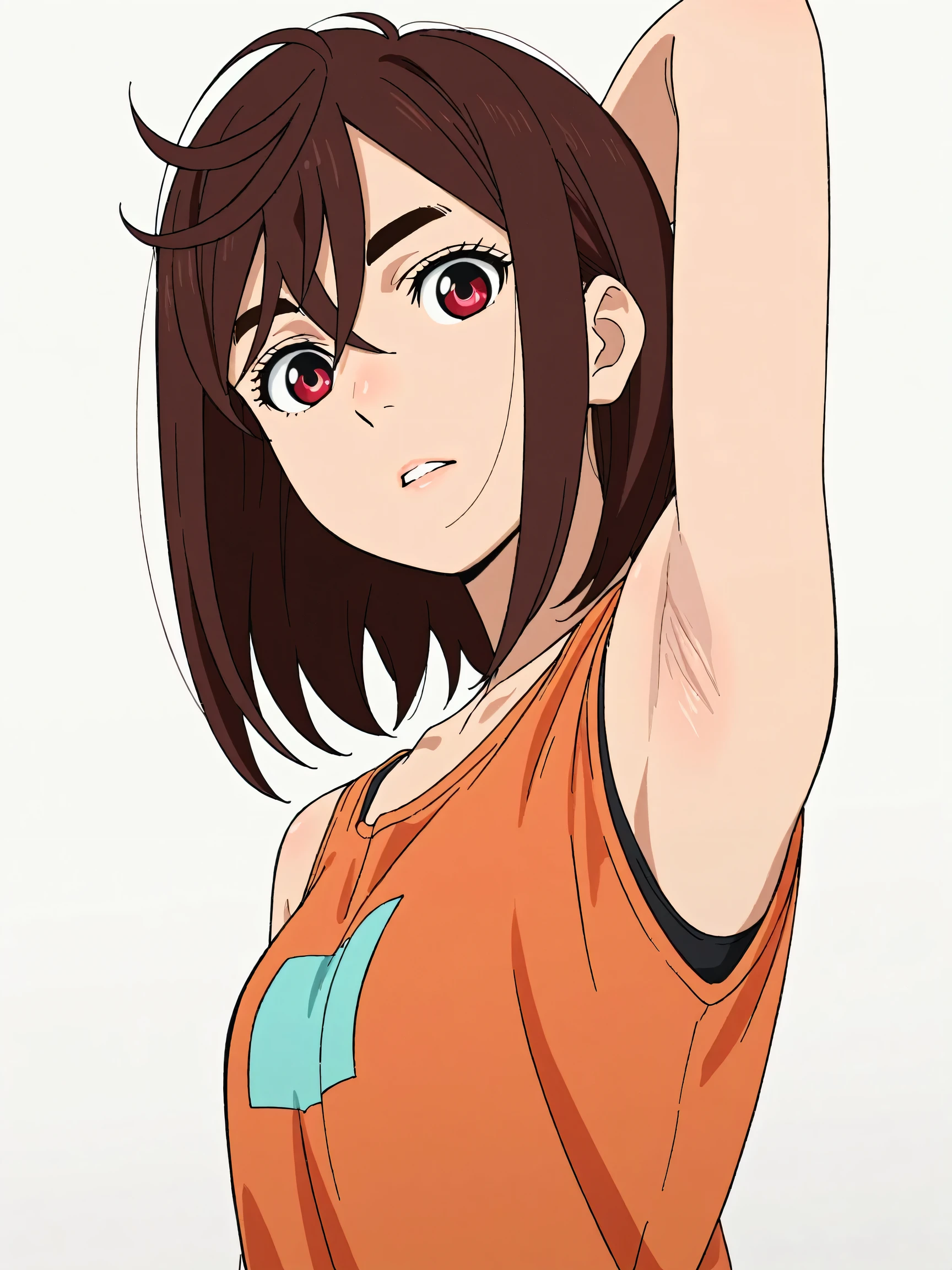 masterpiece, best quality, amazing quality, anime screencap, anime coloring, 1girl, solo, ChopioMomo, brown hair, short hair, hair between eyes, thick eyebrows, red eyes, bare shoulders, bare arms, orange shirt, arm behind head, armpit, armpit focus, head towards viewer, (looking at viewer:1.1), expressionless, teeth, from side, white background, simple background, skindentation 