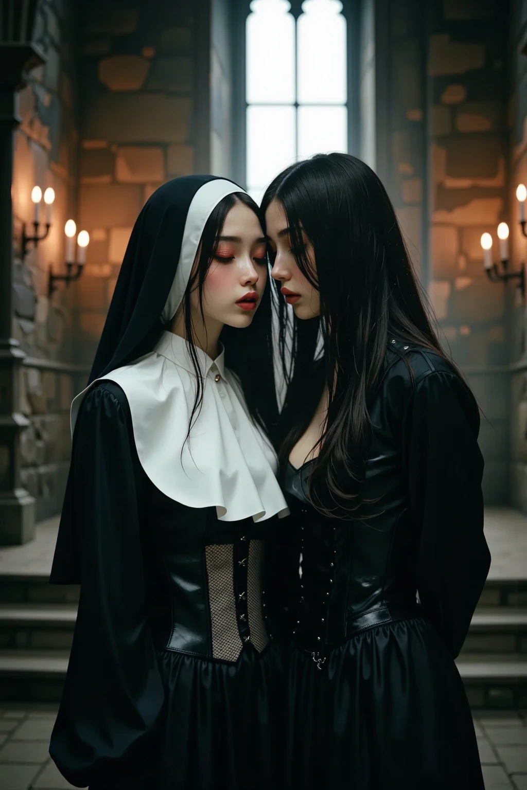 teen emma watson as two sexy nun girsl sitting on a fence. tight intricate short costume. slender body. inside dark cathedral. dark background. hugging and kissing with a blonde girl. sparkly eyes.