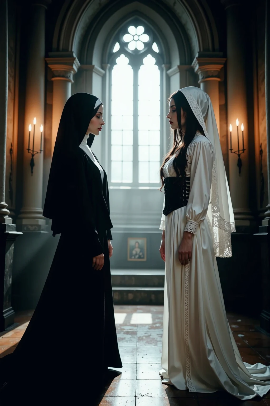 Imagine a realistic cinematic image of two gothic, sexy nuns, blindfolded and kneeling in front of a burning Catholic church, with a demon watching and finding it all amusing.