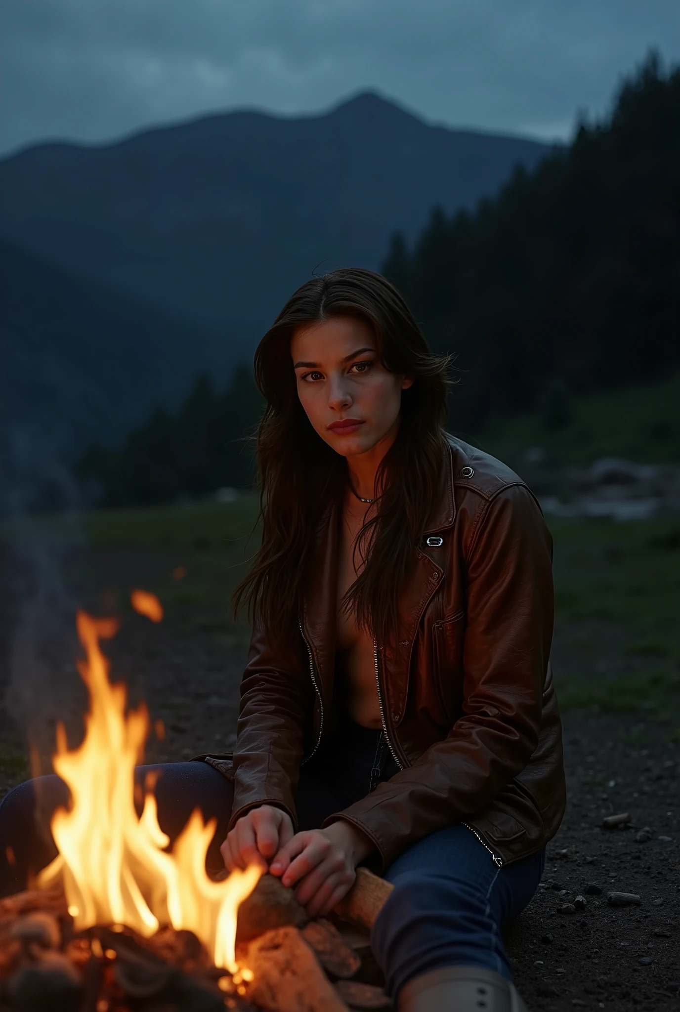 1 garota em, idade19, apenas, long, wavy brown hair, hair disheveled by the wind, cabelo castanho, corpo inteiro, Seios colossais, sitting next to a fire, numa montanha , wearing brown leather jacket , jeans azul-escuro, (extremely detailed 8k wallpaper), Ambient Lighting, alta qualidade, film grain, Fujifilm XT3 sharp focus, f 5.6, 50mm, Alto detalhe, Sharp focus,(luz escura), Ambient Lighting, noite, (sedutores), realista, incredible details, detalhes complexos, hiper detalhado, star wars