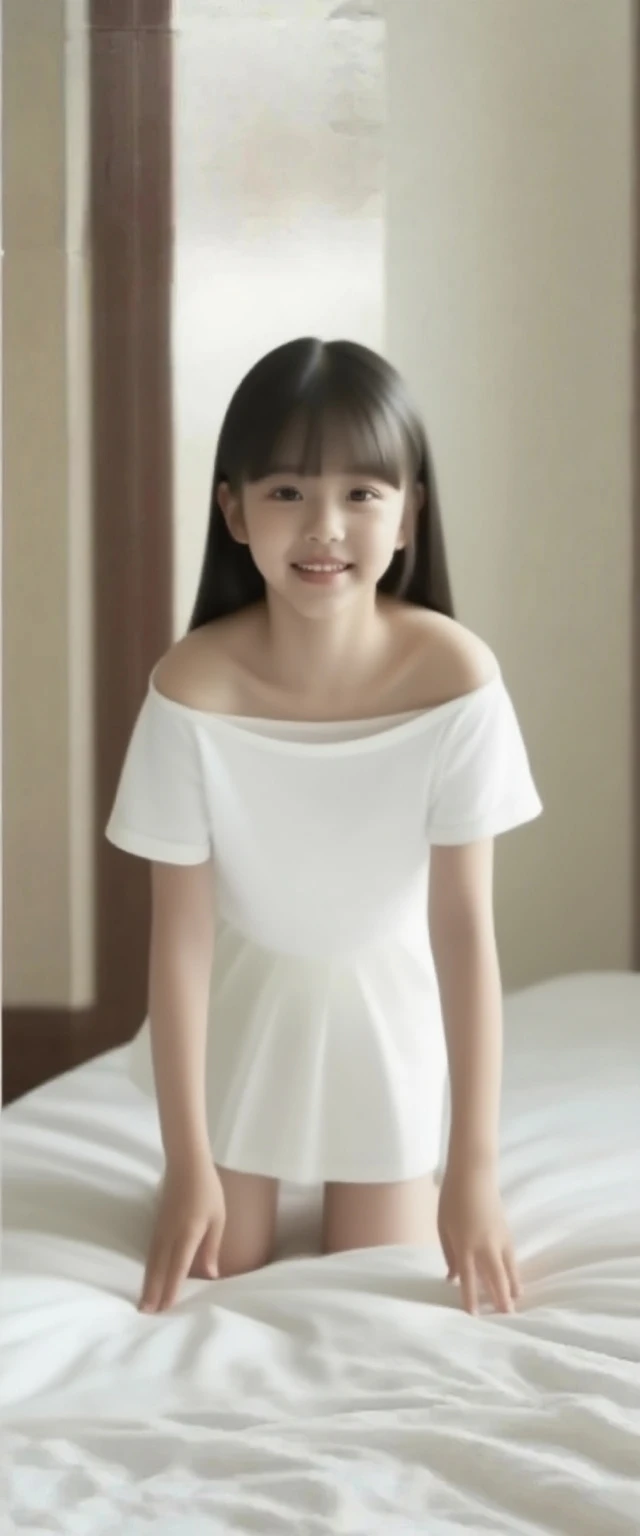 8k,masterpiece,Portrait Photography,Japanese,8-year-old girl,round face,Innocent face,Calm Eyes,Big eyes,Fine grain,delicate,Slim body,Narrow shoulders,Small waist,Thin legs,Neat,Front facing,Full body photo,summer,Returning from the library,Cute clothes,Girly Fashion,race,Pretty short skirt,Cute Mules,ribbon,See-through,Medium-long hair,ponytail,Cinematic lighting,Natural smile,Reader model for children&#39;s fashion magazine