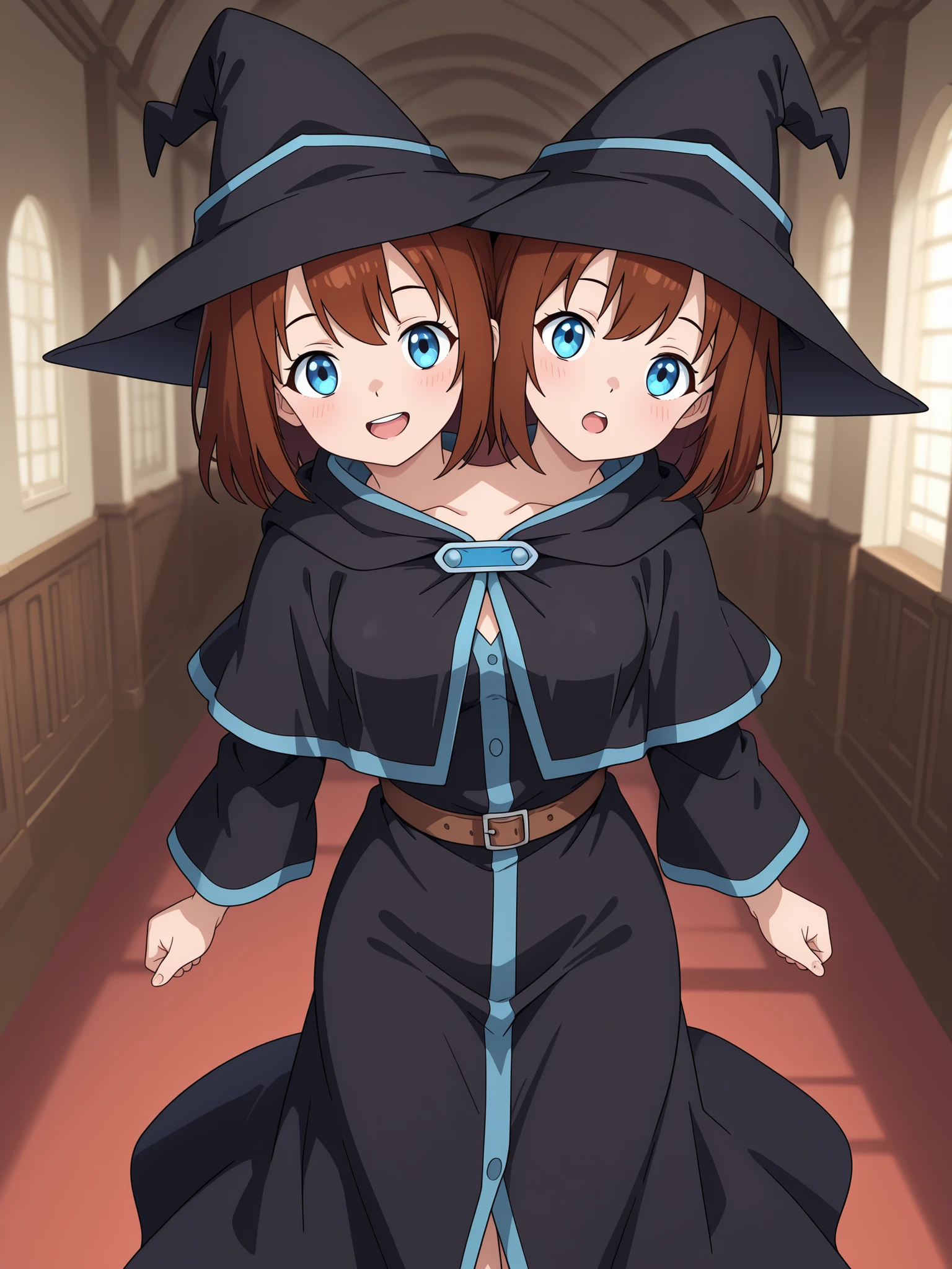 conjoined, anime girl with two heads, brown hair, blue eyes, two black witch hats, black wizard robe, mouth open, talking to the viewer, wizard academy hallway