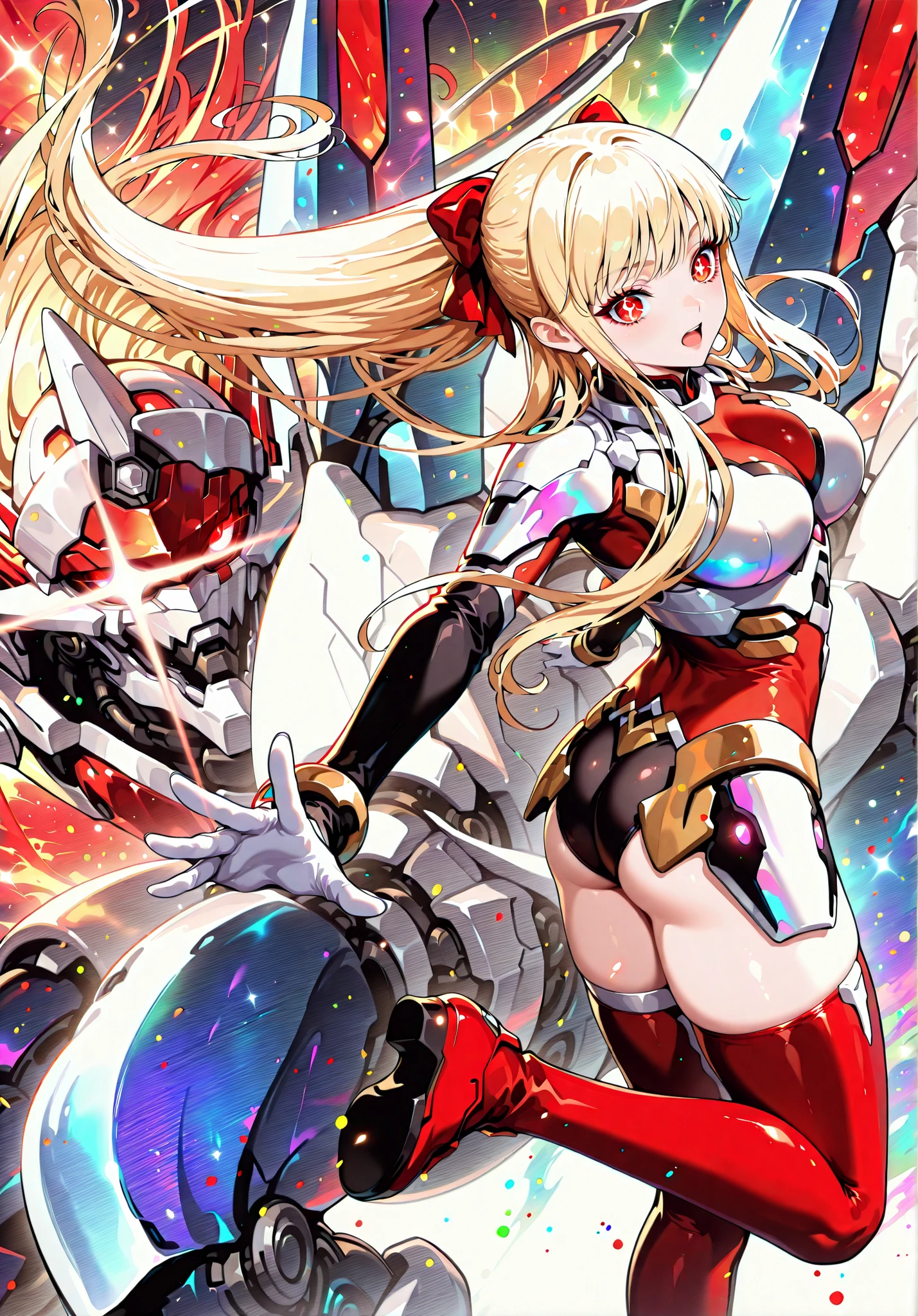 1girl, red retina ,iridescence, dramatic angle, (floating colorful sparkles:1.3), Dramatic Lighting, Chiaroscuro, Evocative Depth, big breast, 