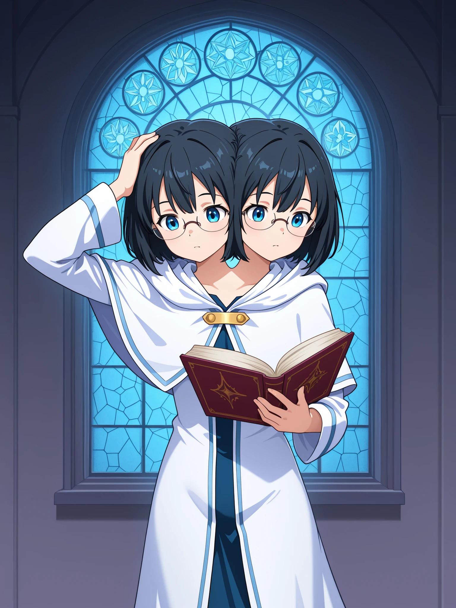 conjoined, anime girl with two heads, wizard, black hair, blue eyes, glasses, white wizard robe, scratching side of head, reading a book, wizard academy library, stain glass window in background