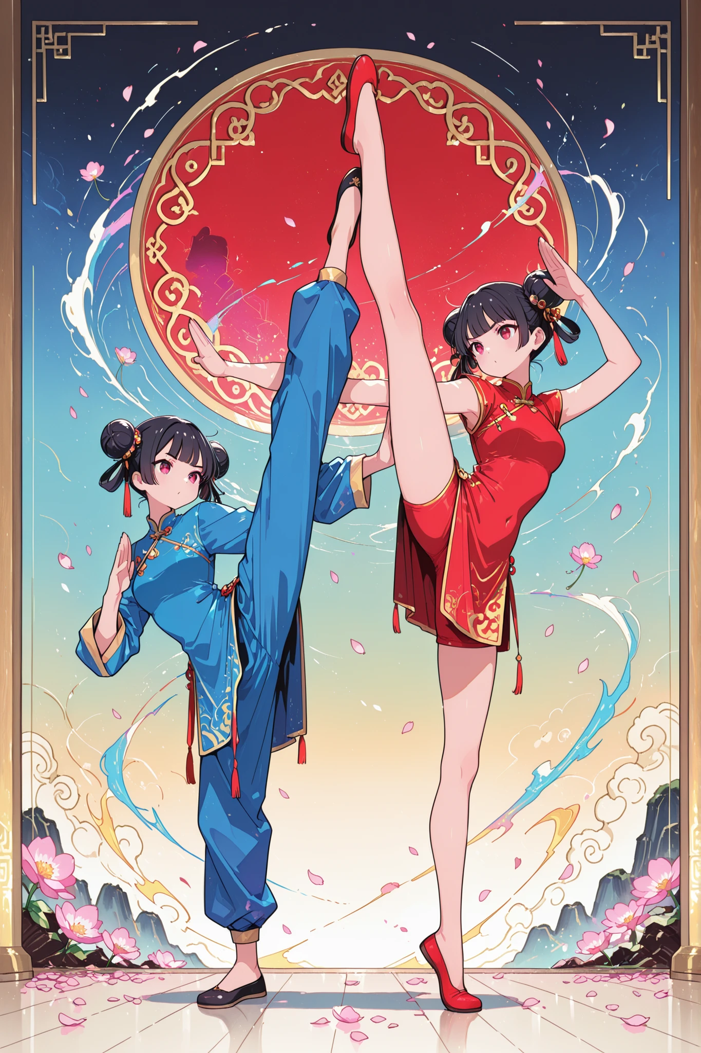 (twin girls:1.3), (beautiful young girls), identical appearance, (exactly two girls, only two girls:1.3),
wearing Chinese dresses, one in red cheongsam, one in blue cheongsam,
(black hair styled in double buns), traditional hairstyle,
(acrobatic kung-fu action pose:1.3), intense martial arts stance, high kick, flying kick,
dynamic mid-air movement, powerful energy, elegant yet fierce motion,
traditional Chinese aesthetic, vibrant colors, detailed fabric patterns,
(symmetric composition:1.1), anime illustration,
clean lineart, vivid shading, high quality,
(petals fluttering in the air), falling flower petals,
(masterpiece, best quality, highly detailed, high resolution)