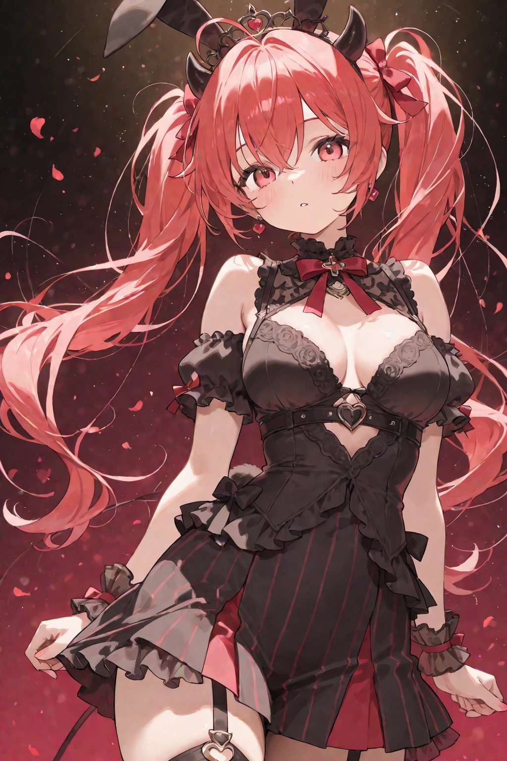 Red Hair Red Rose、girl、Rozen Maiden's Crimson、Her hair is red、night、outside、In the rose garden、stand、(((Red Hair)))Red hair、1 person、In the rose、night中