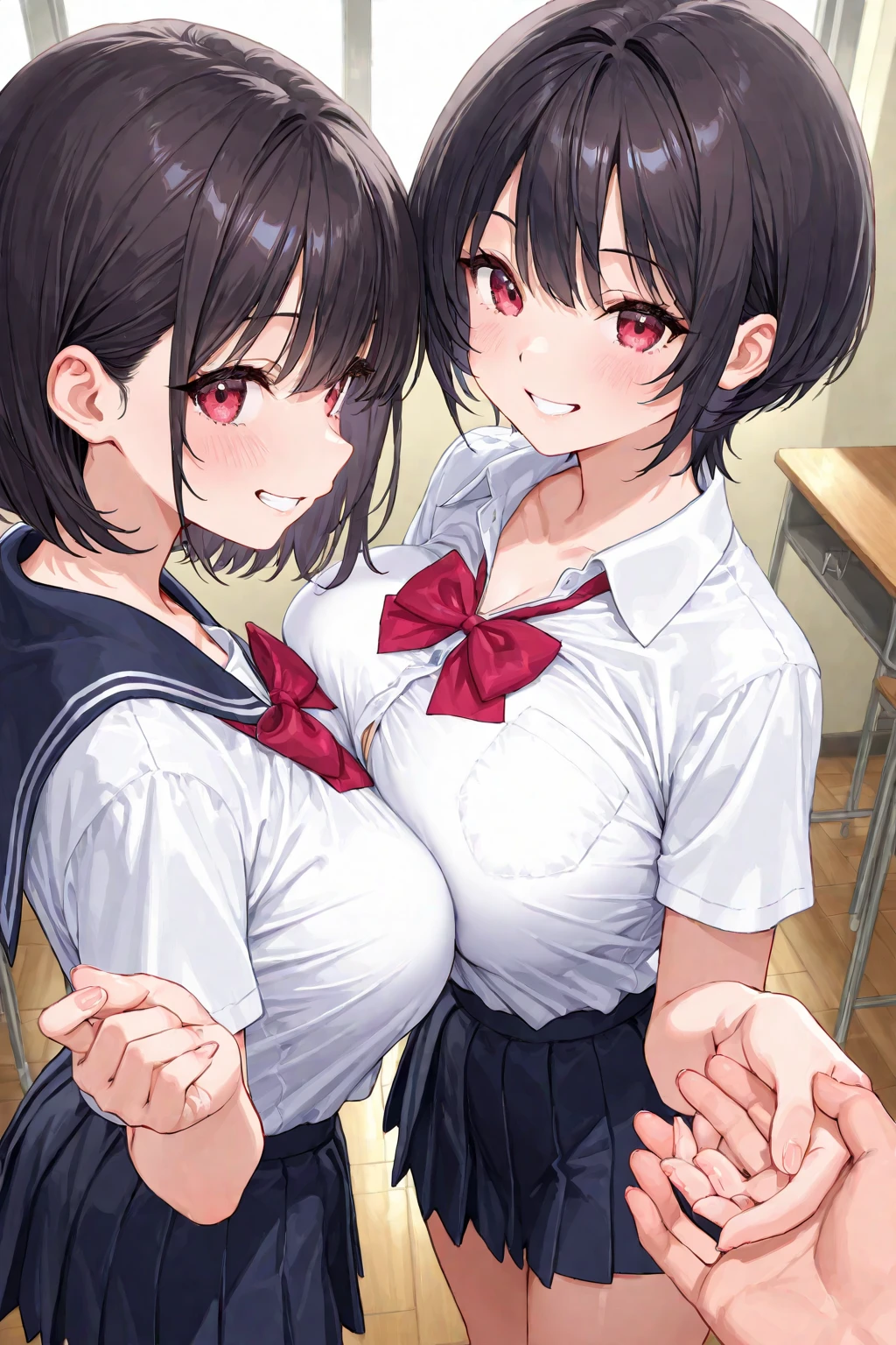 2girls, alternate breast size, black hair, day, bow, breast press, long hair, looking at viewer,  , multiple girls, plaid skirt,  skirt, symmetrical docking, (((yuri,outdoors,Crushed large breasts))),NSFW,Excited,love