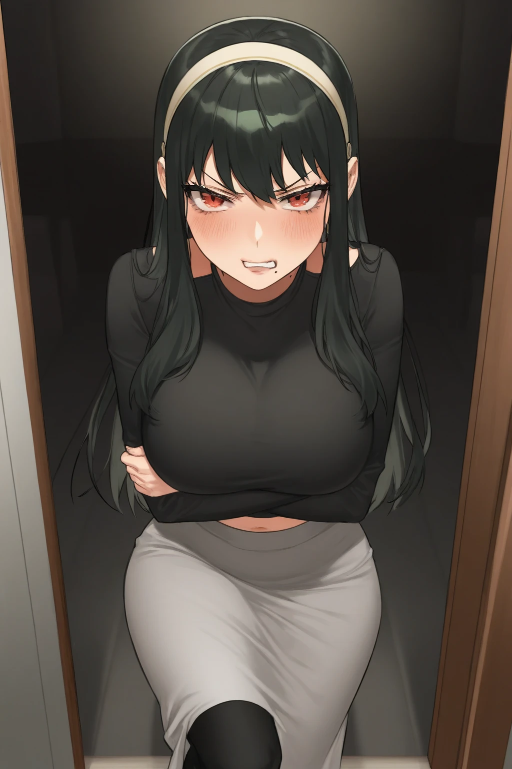 a sexy girl, dark black hair, loose hair, Sharingan eyes, casual clothes, annoyed, head on, black shirt, blue jeans