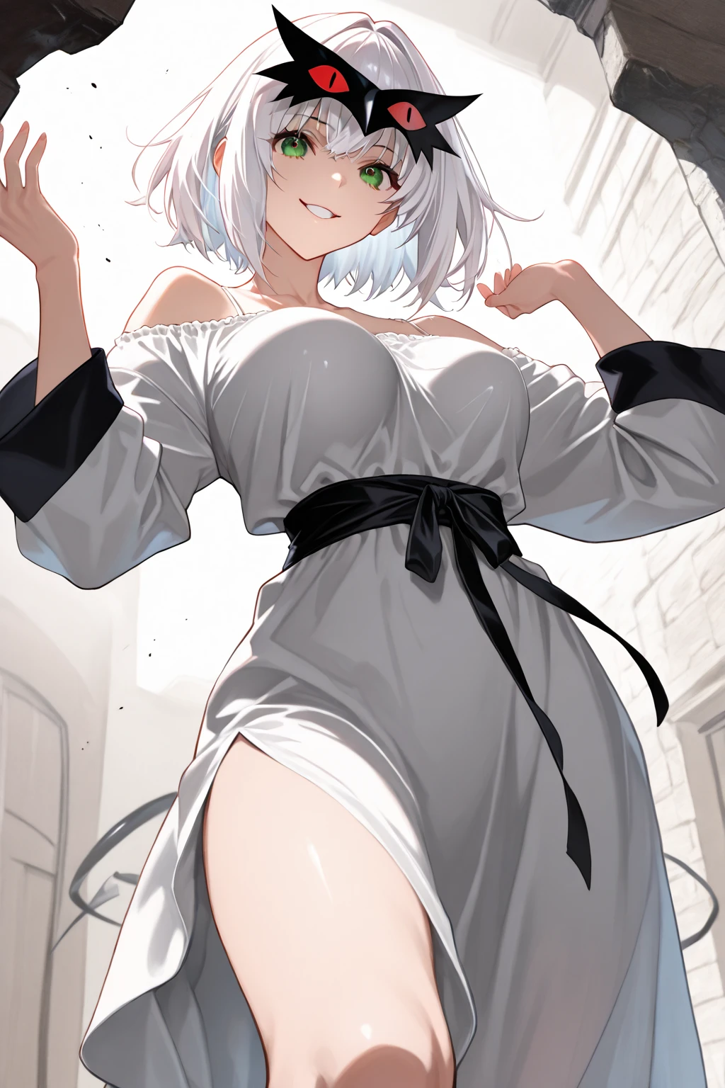 (Masterpiece), Best Quality, ultra-detailed, 1girl (Secelia Dote, short hair, dark skin, blue eyes, half-closed eyes), wicked smile, parted lips, solo, maid (black), frill, apron, maid headdress, ultra mini skirt, black lace thighhighs, garter belt, in the livingroom, standing, Sexy waist teasing, come-on, temptation
