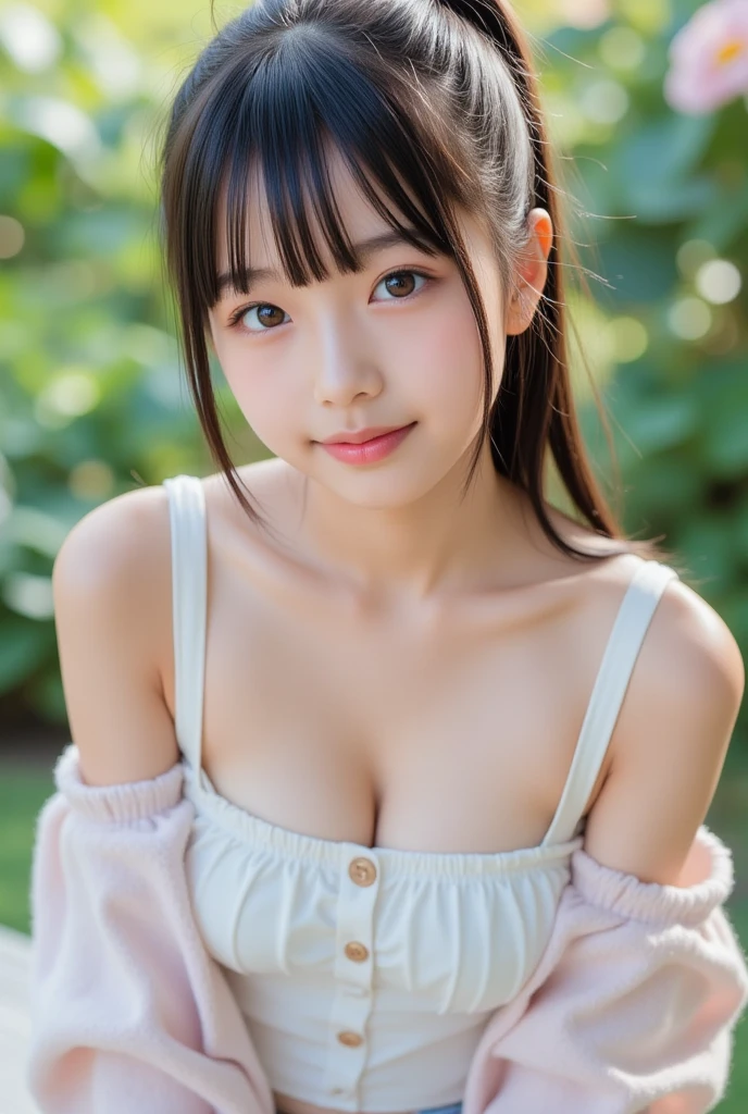 ((Highest quality)), ((masterpiece)), masterpiece, Great illustrations, Highest quality, Particles of light, Very detailed, 8k wallpaper, (Vibrant colors:1.2), (girl), Remember,Laugh shyly,blush, Laugh shyly, Gaze lovingly at,Center of chest, Black Hair, Messy Hair, Medium length hair, ponytail, Pink Ribbon, Shiny Hair, Glowing Skin, Cute face, Bottomless, Nipples, (Beautiful pink eyes, Shining Eyes), , blush cheeks, Open your mouth, (male:1.4), (male standing behind girl), (Intense sex:1.2), (Dorsal position:1.4), Standing puppy, heterogeneous, (male hold girl's waist:1.4), (View,male性の視点、View from above:1.4), sunlight, Shadow,Random sexy poses、(Droopy eyes:1.4)