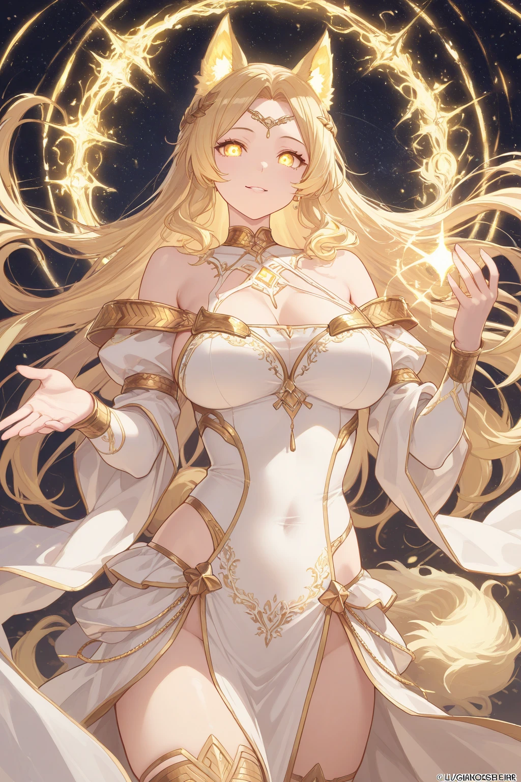 priestess,valkyrie,angel wings,navel,sideboob,complex,light particles,thighs,shiny skin,He wears a necklace around his long neck.、A room with a high ceiling and two chandeliers、perfect lighting,Thighs、wearing a white bikini、smile with wide open mouth、1girl, winged headgear,pelvic curtain,She wears a golden tiara on her head、wearing a white bikini、beautiful row of teeth、smile with wide open mouth、(masterpiece), (best quality), extremely huge breasts,wearing a white bikini、He wears a necklace around his long neck.、 motherly, porcelain skin, smile with wide open mouth、honey blonde hair, very long hair