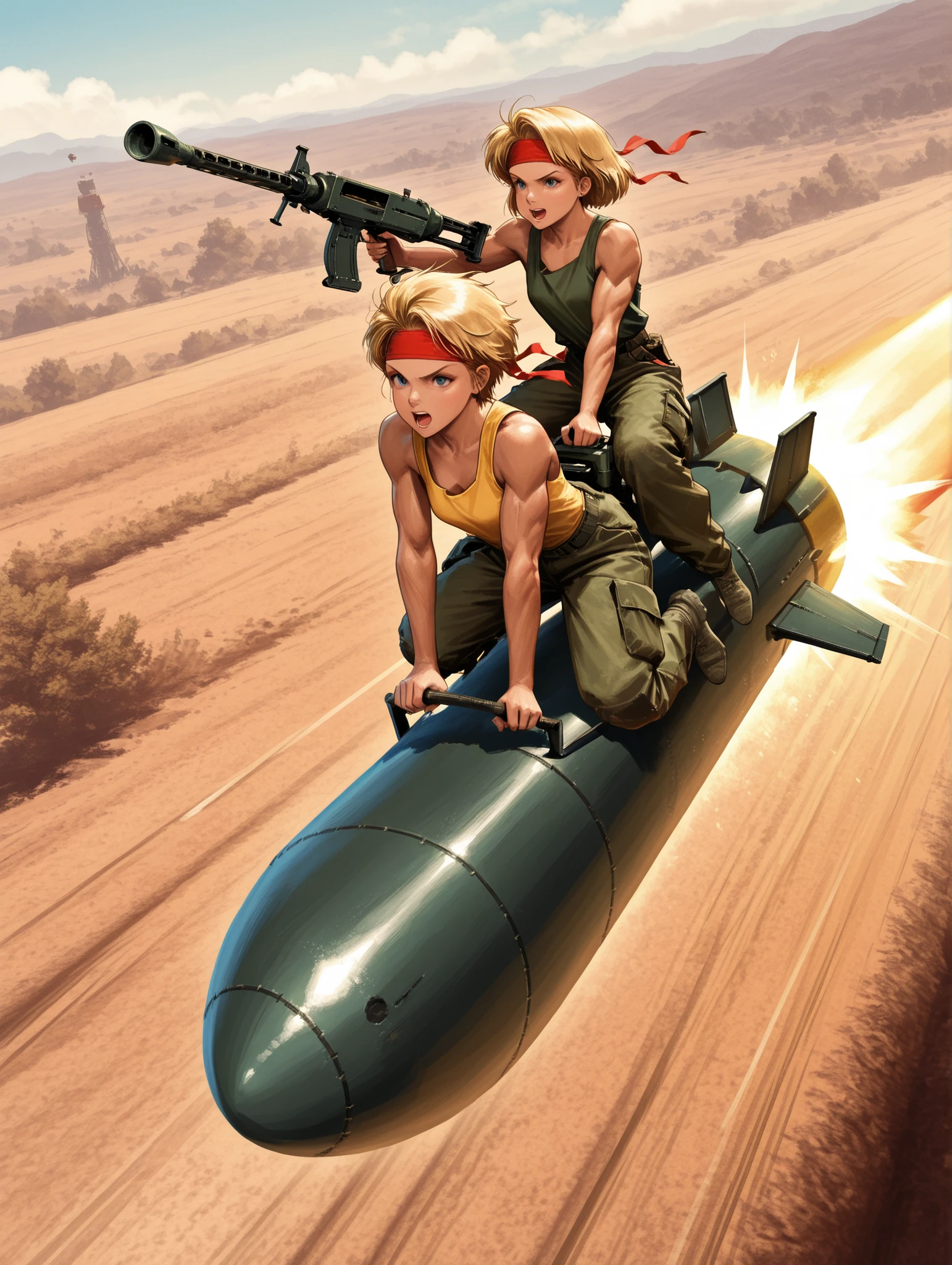riding bomb, missile,b0mb,retro game art,missile with a plasma gun、masterpiece,Highest Quality,Super Detailed,high resolution,Official Illustrations,high quality、score_9、score_8_up、score_7_up、Highest Quality、dynamic pose、dynamic angle、Extreme Wide Shot、full body、photorealistic、2 Girls(Twins、blonde girl in enamel clothes、short hair、tank top、muscular、Cargo Pants、Red headband、With a machine gun)、Ride side by side、Anatomically Correct、Konami's Contra