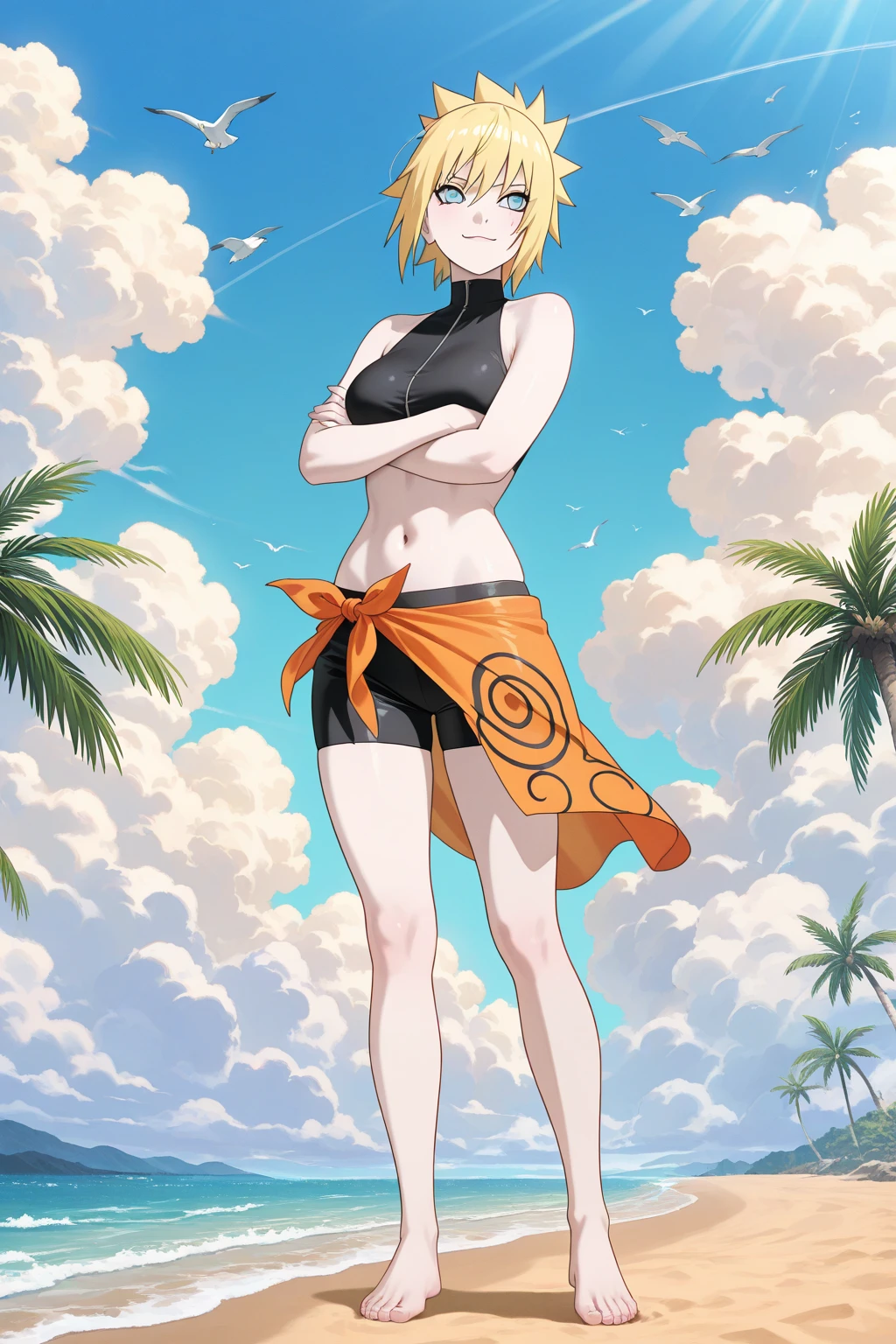 masterpiece, absurdres , (intricate details), (colorful),cinematic lighting,extremely detailed CG unity 8k wallpaper,temari\(boruto\), 1girl,solo, medium breasts,blue bikini,crossed arms, looking at viewer, dutch angle, angry, frown, shaded face, clenched teeth, beach,