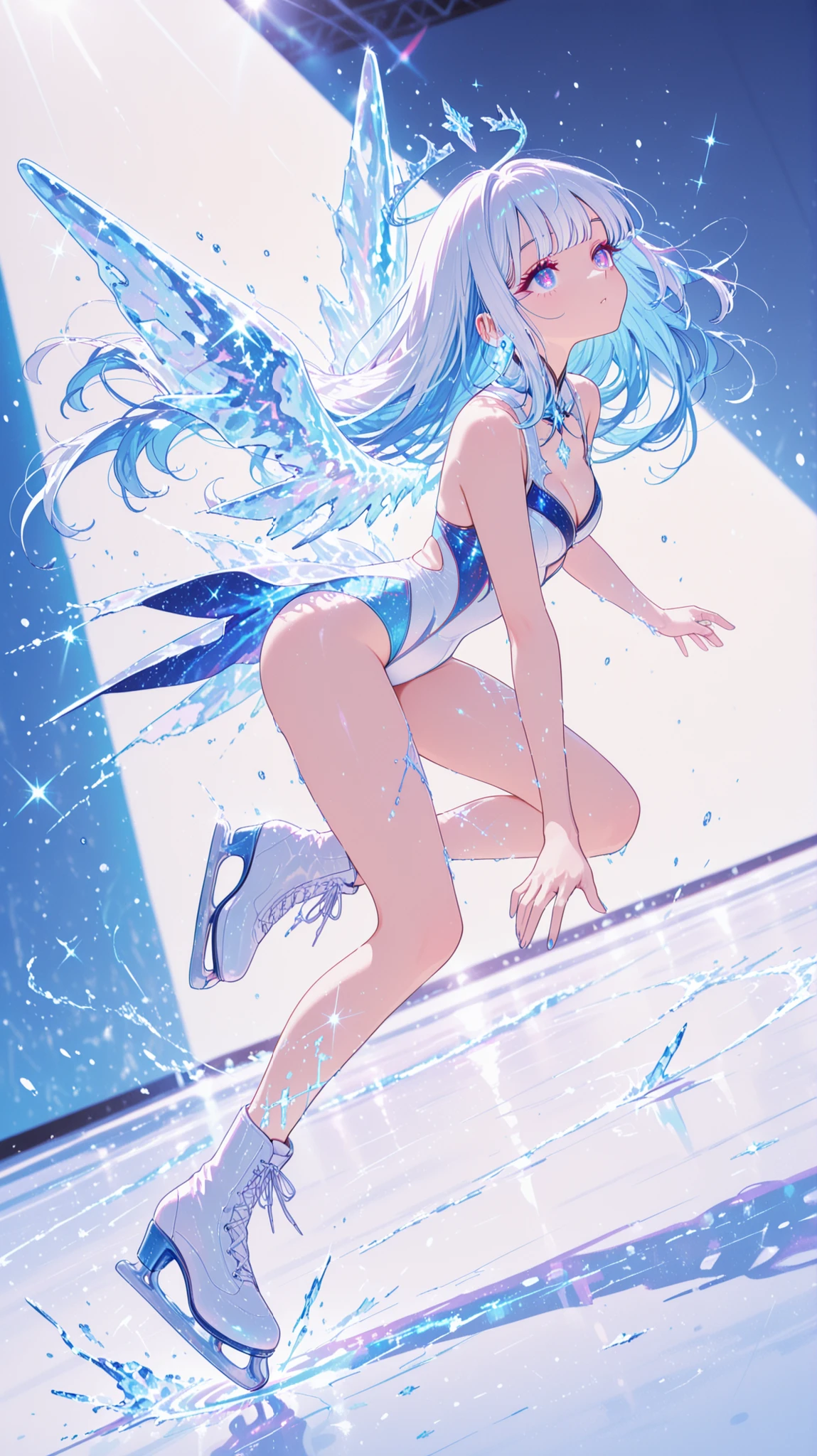 (master masterpiece,best best quality:1.2),(super meticulous),(illustartion),Ultra-high resolution,The face is super delicate,The eyes are delicate,blue pupils,Finger Detail,desktop wallpaper,sitting,looking at the viewers,Dynamic poses,Postural stretching,Original,1girl,Disheveled gray hair,thin straps,White dress,bare leg,bare feet,Bare arms,total body,(Surrounded by colorful splashes and dots),Colored bubbles,(Shiny),Simple background