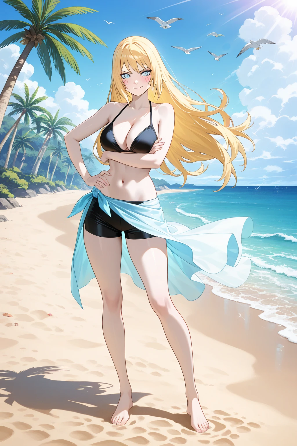(estilo anime:1.37), (best quality,Alto,master part:1.2), (Realistic,fotorrealista:1.37), garota nua randon etnia , , suada, pequeninos peitinhos, peludo, Caminhando em uma praia, dia quente, sand between your toes, crystal clear blue water, luz solar brilhante em sua pele, flowing golden hair, Brisa suave do oceano, vibrant seaside landscape, ondas suaves beijando a costa, conchas espalhadas pela areia, lush green palm trees swaying in the background, infinite horizon merging with the sky, carefree expression, passo confiante, Curvas sensuais, Tez beijada pelo sol, atmosfera tranquila, Peaceful Serenity.