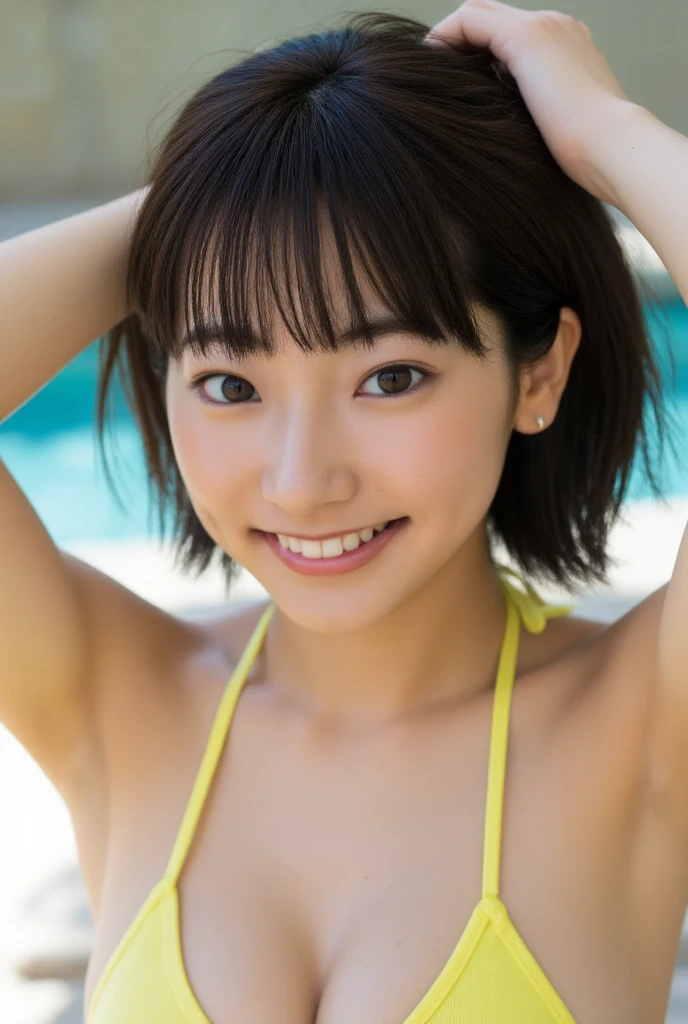 ((Beautiful sandy beach)、(A very sunny day))、(One Girl:1.3), short hair, Japanese high school students, Great face and eyes, Looking into the camera, A joyful smile、Showing teeth、Raise your arms behind your head、Please show me your armpits、(Swimwear:1.2), (Highest quality:1.4), Very detailed CG 統合 8k 壁紙, Very detailed, High-quality RAW color photos, Professional photos, Realistic full body shot, Studio shot、Plain Wallpaper, Portrait of sexy girl, Open appearance, (Looking down, Display in viewer:1.0), (From below:1.3)