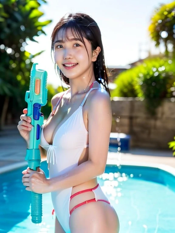 1girl in,Schoolgirl standing with a large water gun,Cute smile like an angel,Super Cute,Short-cut hair like a boy,Accurately written surface,Slender but big breasts,G Cup,a navel,Elastic legs.tre anatomically correct,Accurate Depiction Fingers,Wet skin,Micro bikini with border pattern,Micro bikinis are very small,Standing energetically with legs wide open,masterpiece,high-level image quality,Precisely shaped water guns with flashy colors,Hold the water gun correctly,Sunny summer poolside,