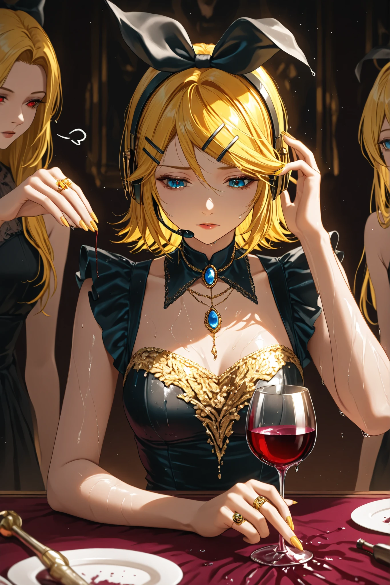 Rin Kagamine, blonde hair, blue eyes, hair bow, Headset, short hair, headphones,,A girl, long hair, wet drip, Chica demonio, Red Eyes, , long nail ,sigh, nobility,wine, wine glass,failure,wives,Dress,gold ring,joyería,Looking at the hand,Dress de gala