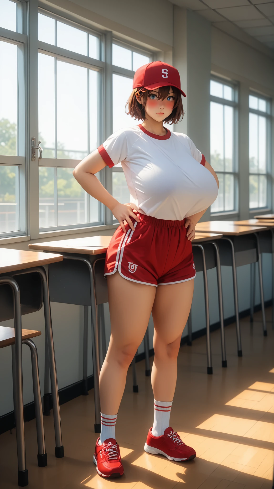 score_9, score_8_up, score_7_up,source_anime,lazypos, lazympos, lazyup, highres, hi res, best quality, masterpiece, High Resolution, ((full shot)),
((a girl standing in the school classroom look at the window)), 1girl, solo, ((cute girl with big )), ((look at window)), akane nanao (akane wa tsumare somerareru), reddish brown hair, short hair, hair between eyes, yellow hairclips, blue eyes, (:1.5), (really big  under the shirt:1.4), ( athletics:1.2), aestetics, thick thighs, ((thin :1.1)), buruma, gym uniform (red bloomer, whit shirt),socks,shoes, (red baseball_cap:1.3), stern look, blush, half opened eyes, photoshoot pose, posing ((one hand on )), (awkard expression:1.2), (blushing), (((Anatomically Correct))), empty school classroom, windows japannese school background, asian environnement, sunset