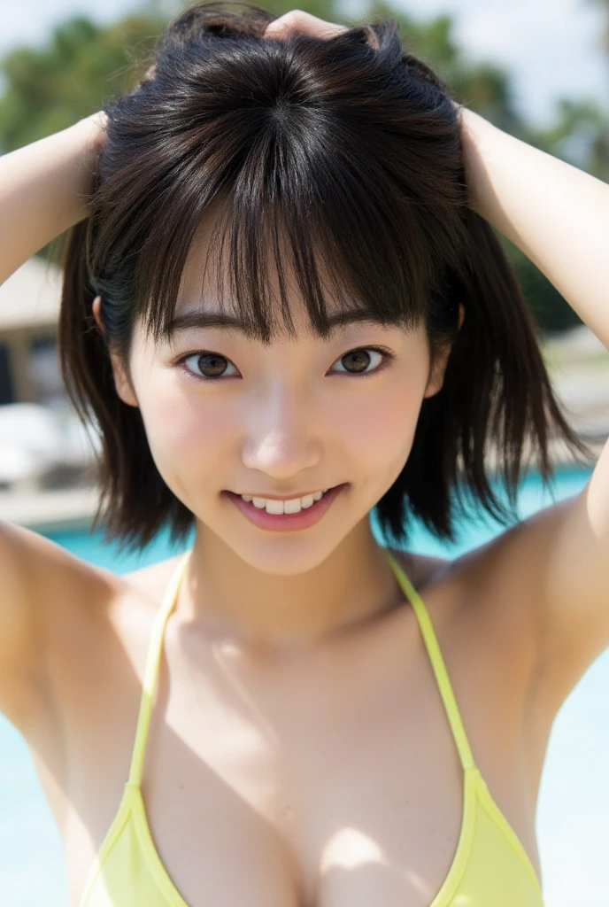 best quality, masterpiece, (realistic:1.2), 1 girl, (silhouette lighting:1.4), (smile:1.3), (face close-up, upper body, head shot:1.4), (tomboy, light brown pixie cut hair with bangs:1.2),, detailed face, beautiful eyes, (tanned skin, gold embroidered black bikini:1.3), (small breast, under boobs:1.5), (swimming in the tropical sea, midsummer, clouds:1.4), splashing water、Nipples are visible、Small breasts