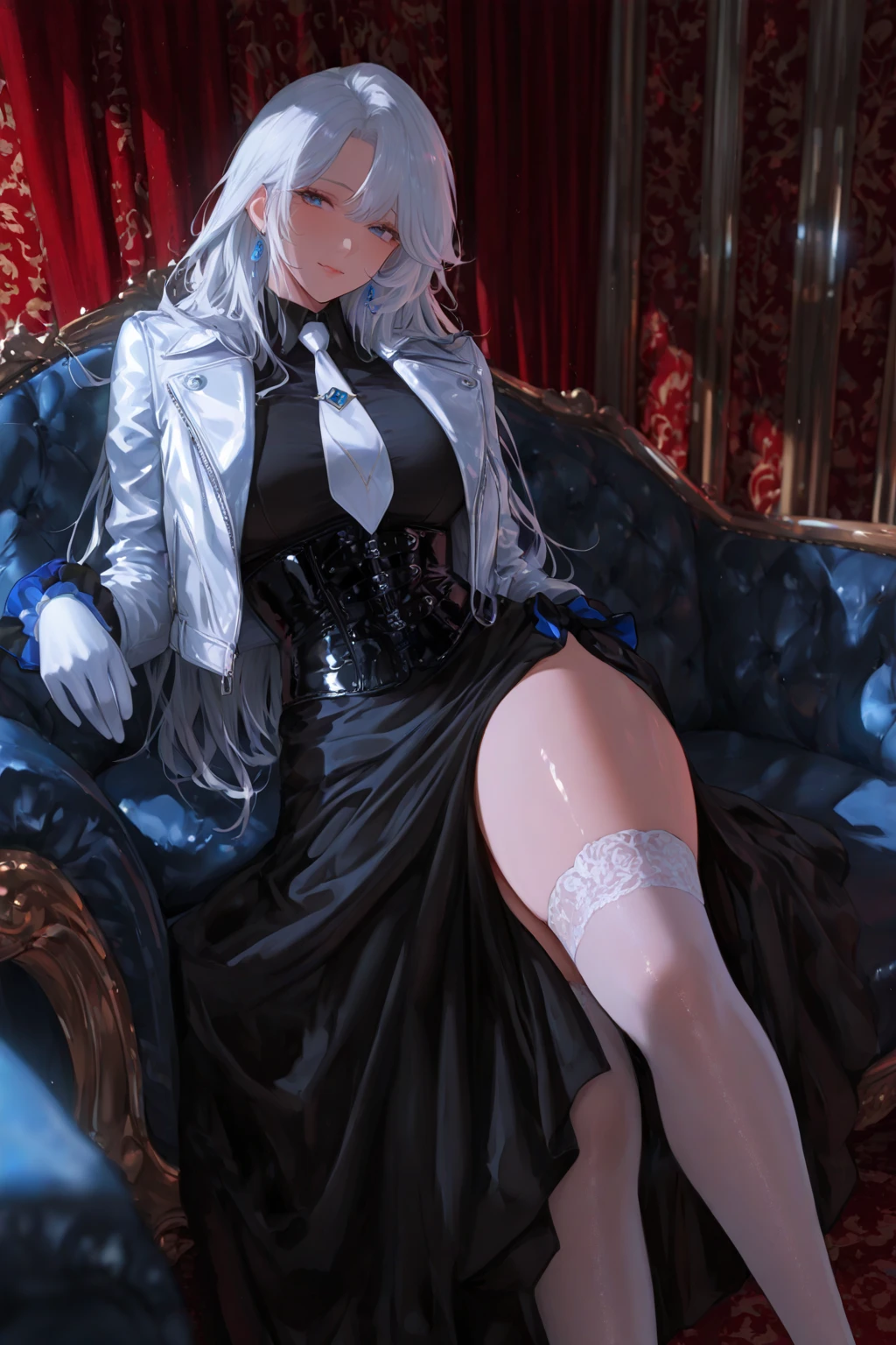 1girl,two side up,gray hair,purple eyes,((white stockings)),small lady serenity,a dress with long sleeves,legs focus