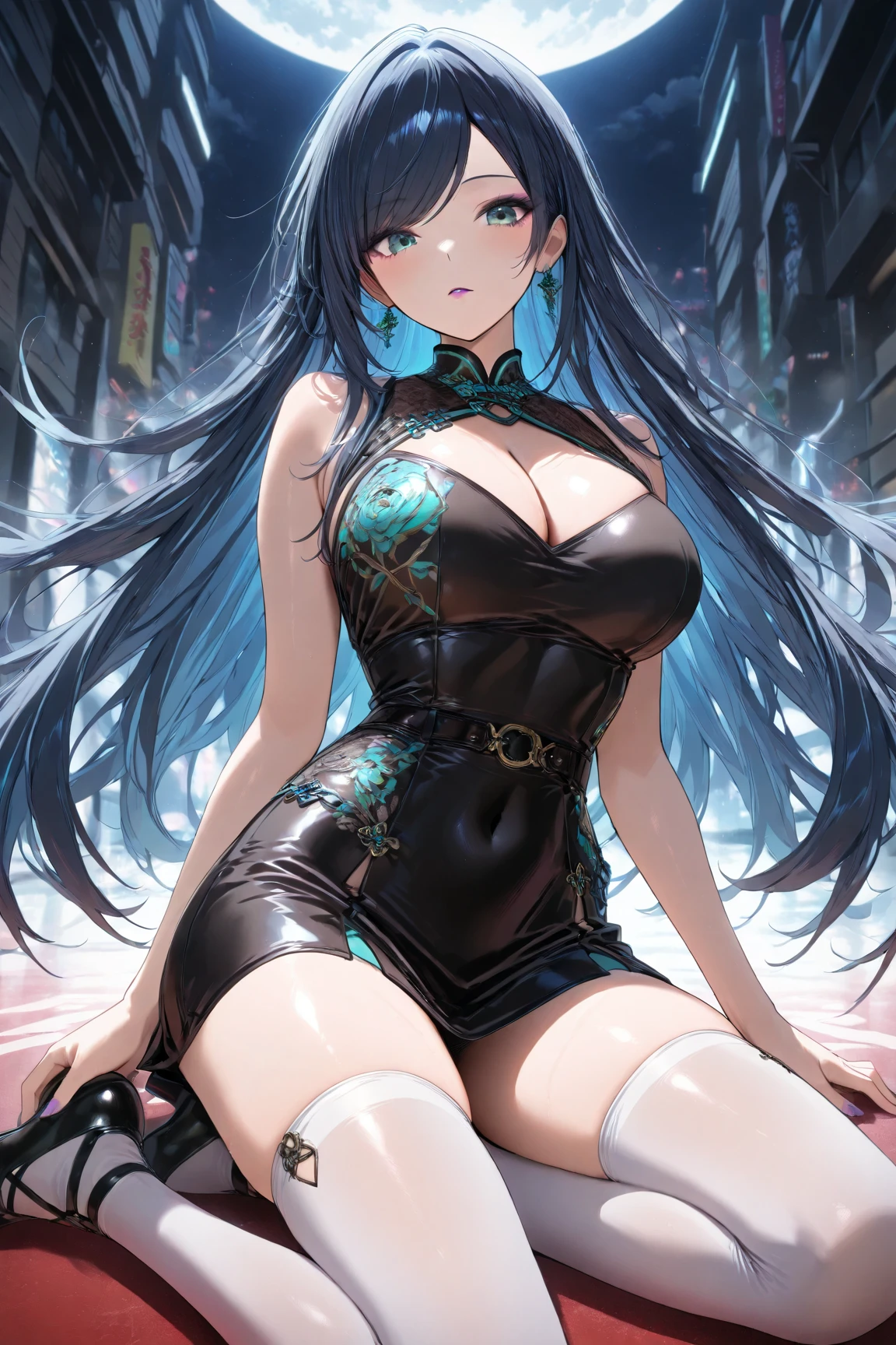 1 adult women, tall, glamorous wet body, silver straight hair, very huge ahoge, red eyes, long skirt sleeveless increasing thickness high neck chinese dress(black color purple edge line), Lying on bed on your back, spread legs, crotch groove, luxury hotel bed room, large window, midnight, beautiful night view, full body length drawing, masterpiece, anatomically correct, super detail, high details, high quality, award winning, best quality, highres, 16k