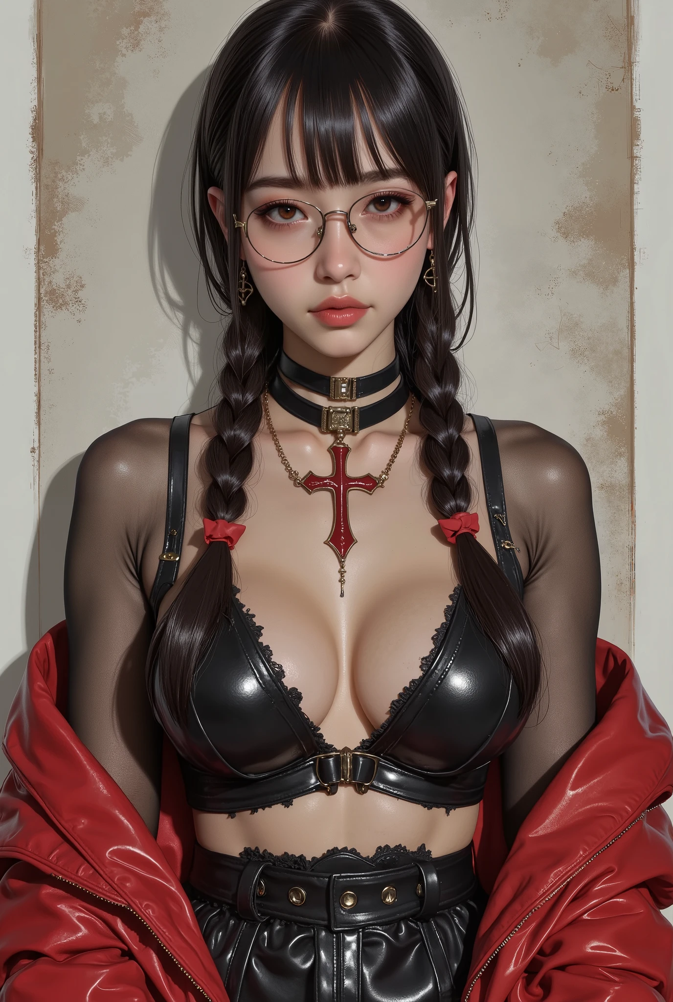 Are you okayですか、(best illustration)、8k UHD resolution、intricate details、highest quality、realistic、Super detailed、best writing、best shadow、soft lighting、ultra hd、Super realistic、Tyndall effect、Photoreal、(high detail skin:1.2)、 (intricate details, compensate, face to face with the children_V1:0.5), (Beautiful and delicate face in every detail, Are you okay, beautiful and delicate eyes, perfectly proportioned face, high resolution skin, fine skin, Optimal ratio of 4 fingers and 1 thumb, arm under chest, red tattoo on lower abdomen、amazing、amazing, wide hips, smooth abdomen, thin and thin skin, __fashion__, __hair__:1.25)、Digital single-lens reflex camera、 不条理realistic作品: 1.3), (maximum resolution: 1.2), (Ultra HDTV: 1.2), cinematic light, fine eyes and skin, detailed facial features, , (sharp focus: 1.2), (focus on face:1.2),perfect style, beautiful face, acura, anatomically correct, Highly detailed face and skin texture, fine eyes, double eyelid, thin eyebrows, glitter eyeliner: 1 natural cheeks, Glossy skin, Fair skin: 1.2, (glossy lips: 1.4),、 (embarrassed look: 1.2),Highly detailed face and skin texture, fine eyes, double eyelid, natural cheeks, , glossy lips: 1.4,exposed cleavage、1 Beautiful devil woman from hell, デヴィッド・ホックニーとアルフォンス・ミュシャによる超realistic女性のポートレート, Portrait of a seductive woman、fantasy art, Chinese humanoid robot、chinese actress、dungeon、dragon、devil'palace of、devil'torture chamber、night、dark style 、in the dark、(detailed spooky background:0.8), magic、 1 girl、evil nun、dark necromancer、Succubus、devil'Daughter of、Umi Shinonome、bat wings,(((devil'horn)))、 ((((giant glasses, otaku glasses, thick glasses, round glasses)))),(((big breasts)))、(devil'tail of)、(red eyes shine:1.6)、red eyesには、Very clear and detailed makeup applied, The eyes are very beautifully made up, ((red eyes:1.0)),intricate tattoo, demonic intricate tattoo, thigh tattoo, body tattoo, masterpiece、最もbeautiful face、baby face、cute smile、seductive bodyとふっくらとした美しい赤い唇、devil'seductive body、devil style、enchanting black magic costume、The long-haired、Braid、Black hair、Ponytail distortion、, Ponytail with a bow tied at the back of the hair, beautiful expression、body up、big breasts emphasis、bust, super tight chest, Breast augmentation surgery, Breasts are very big and round,tight waist、wide ass、 discreet key, cowboy lens, (black phoenix dress: 1.0), devil'Crown of, red gemstone necklace、Jewelry Gwise, wearing black mesh socks,wearing light red、nffsw, nffsw, Meeting beautiful girls, look at the girl'body of,