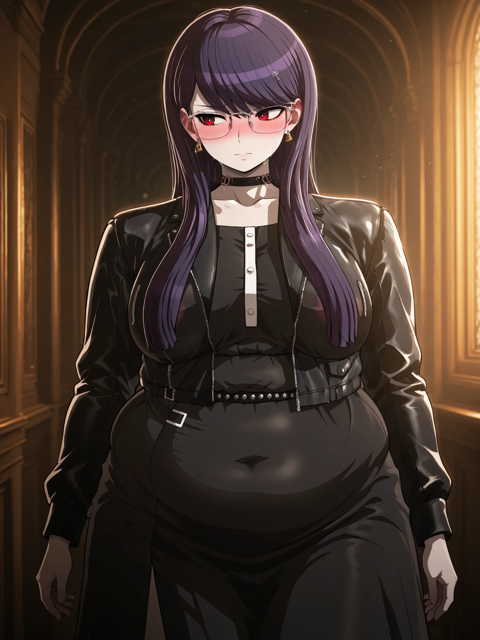 soft shadows, detailed highlights, natural lighting,bright lighting, dim light,high resolution,amazing quality,best quality,good lighting,very aesthetic,very awa,complex background,detailed eyes,detailed,anime coloring, masterpiece, best quality, highres, newest, 1girl, solo, official style, hiruko, purple hair, long hair, red eyes, glasses, choker, earrings, black dress, black jacket, long sleeves, long skirt, cowboy shot, Slender,medium breast, sweaty ,Embarrassed,big areola, full body, WeightChubby, plump, chubby, fat