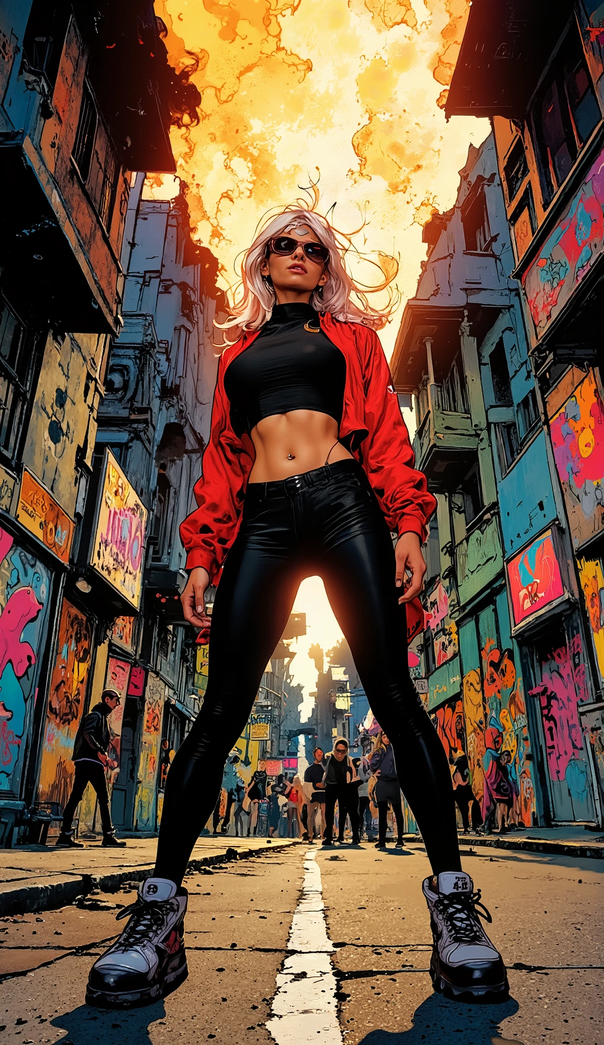 8k, Masterpiece, Top Quality, Low-angle, woman, sunglasses, formed fitted crop top, red and black tracksuit, chunky sneakers, standing forward leg pose, graffiti, flames, city street, buildings, people, comic-book style, bold outlines, bright colors, playful, energetic, pop art, street art, digital effects, layered, real-life, illustrated.
