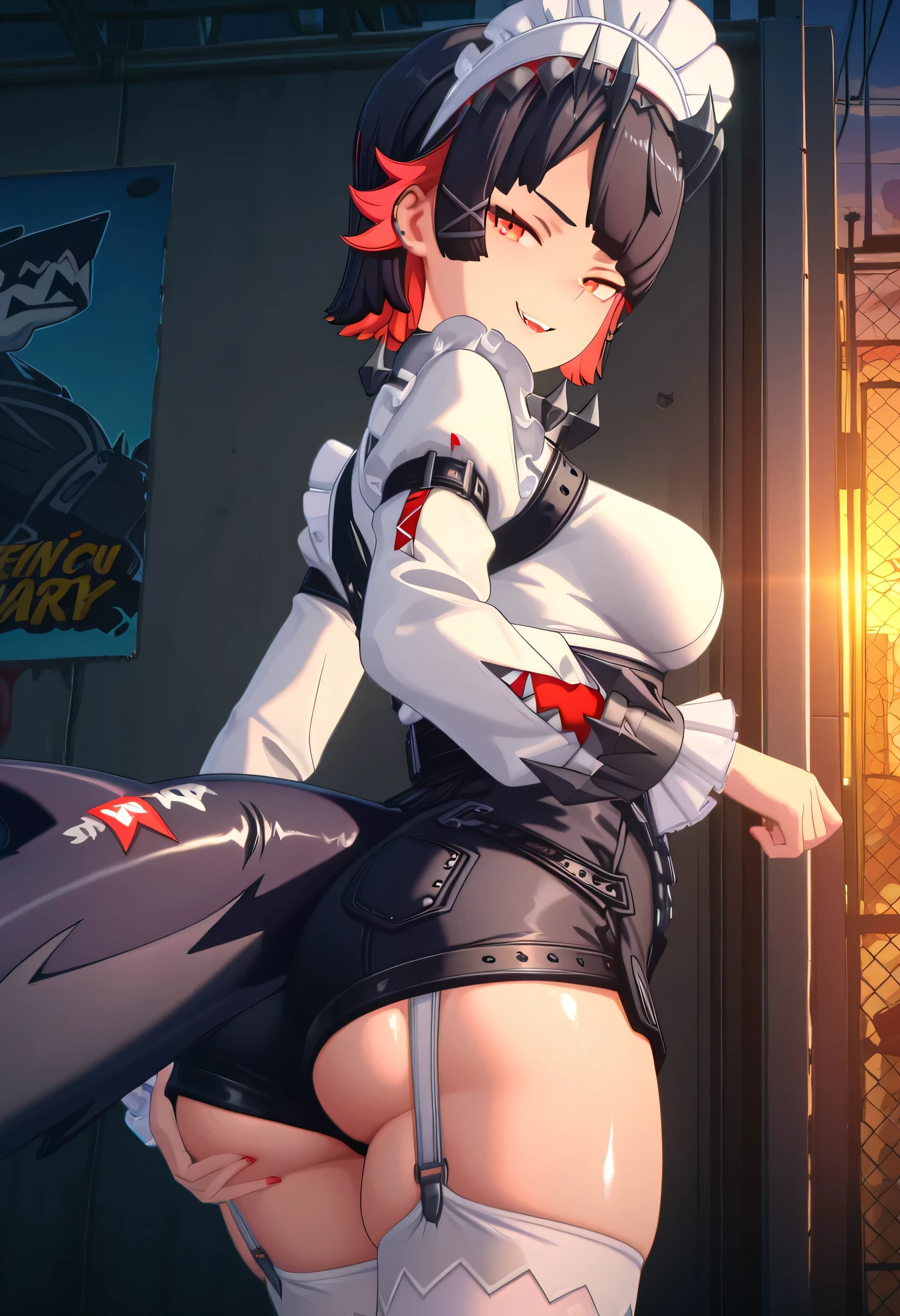 score_9 , score_8_up , score_7_source_anime detailed eyes,anime eyes,high detail eyes,multicolored iris,detailed iris,anime style, 4k masterpiece, best quality, girl, beautiful face, clean skin, shiny hair, shiny skin, beautiful face, perfect eyes, 4k high quality eyes, high quality brightness, best quality, 4k very aesthetic, absurd, perfect body quality, beautiful curves, perfect, perfect genitals, beautiful ambient light, beautiful aesthetics, very realistic scenery, 4k high quality, masterpiece, best quality, absurd, latest, high resolution, official art, best quality, absurd, latest, high resolution, official art, screenshot, anime screenshot, anime coloring, amazing quality 4k, 1girl, 3d ellen joe, black hair, colored inner hair, multicolored hair, red eyes, red hair, short hair, two-tone hair, mature female, shark tail, 3D large breasts, short denim shorts, white stockings, with white garter belt, short mid-bust long sleeve black top,in Tokyo city in an alley with a lot of dark graffiti, realistic shadow of luiz beautiful realistic scenery, in Tokyo city in an alley with a lot of dark graffiti, realistic shadow of luiz beautiful realistic scenery, beautiful aesthetics with purple light, at night, beautiful aesthetics with light purple, very beautiful aesthetic lighting, lighting with a lot of realism on the body, beautiful scenery with a lot of details, in a beautiful masterpiece, best quality, extremely detailed face, perfect lighting, beautiful scenery with a lot of details, in a beautiful, masterpiece, best quality, extremely detailed face, perfect lighting, beautiful, masterpiece, best quality, extremely detailed face, perfect lighting, beautiful, masterpiece, best quality, extremely detailed face, perfect lighting, from the back showing her big ass, she holding her ass with both hands, focus on the big ass, looking back with a naughty smile, 3d