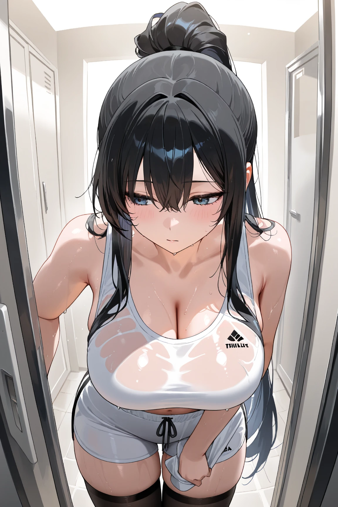 hot, sweating, sweaty, slight tan, big boobs, tan skin, black hair, ponytail, flustered, nurse, docter, hot nursem nurse outfit, syringe, white nurse clothes, see thru, medical supplies, at the hospital,