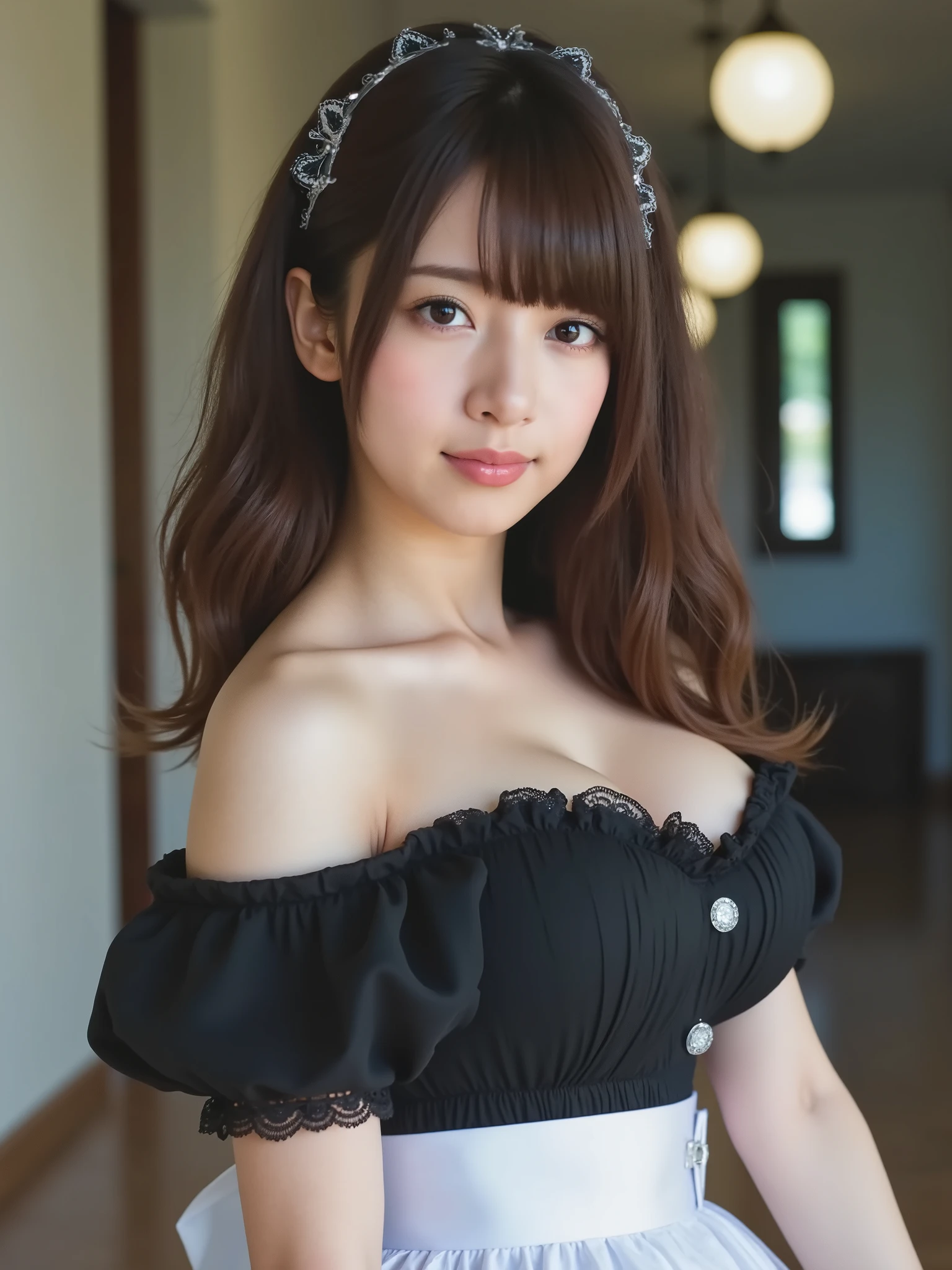 super real、photo realistic、dramatic scene、facing the front、 (Look at me and smile:1.2)、Elegant posture、Woman with long shiny hair、wave hair、twin tails、black maid outfit、exposed shoulders、 WHITE FRILLED APRON、White lace headdress、black tights、black pumps、professional lighting、Thin hands and long legs, bright natural light shining on her face、white skin、in Old Western-style building,(beautiful breasts :1.8),(beautiful cleavage :3.0),(nude:1.5),(極瘦修長身材:1.1),(骨感身材:1.1),( 細腰 :1.1),(手臂很細:1.1),( White Skin :1.1),color temperature 5500K,with white tones,soft lighting