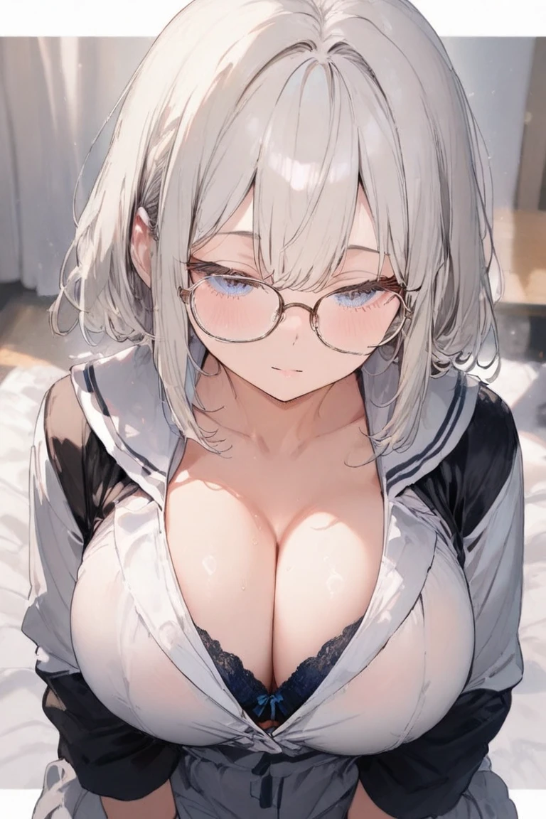 big breasts、pretty girl、big breasts、big breasts、black ribbon、Braid、Ahoge、silver hair、long bangs⦅one eye is hidden⦆、nude、big breasts娘、big breasts娘、straight long hair、blush、Muchimuchi、童face、face、童face、face、童face、face、、looking at camera、童face、face、whiteいドレスシャツ、Chest exposed、I can see the nipples.、おっぱいでパツパツなwhiteいドレスシャツ⦅white, exposed chest⦆、narrow、long bangs(one eye is hidden)、The left eye and right eye are different colors、The left and right eyes are different colors、odd eye、left eye is blue, right eye is red、not wearing underwear、not wearing pants、cleavage、emphasize the chestポーズ、black rim glasses、wide open chest、saggy breasts、大きすぎてsaggy breasts、odd eye、thin、blush、view from above、upward glance、silver and pink two-tone hair、Breast covered with milk、Breast covered with milk、too large and drooping 、emphasize the chest、Sandwich a between your breasts、Breasts covered in semen、Titty fuck、Sandwich a between your breasts、Blowjob、Titty fuck、Blowjob、Please hold the cock between your breasts and suck it.、精液まみれのface、Titty fuck、Hold the cock between your breasts and suck it、Blowjobチオ、Blowjobチオ、big breasts