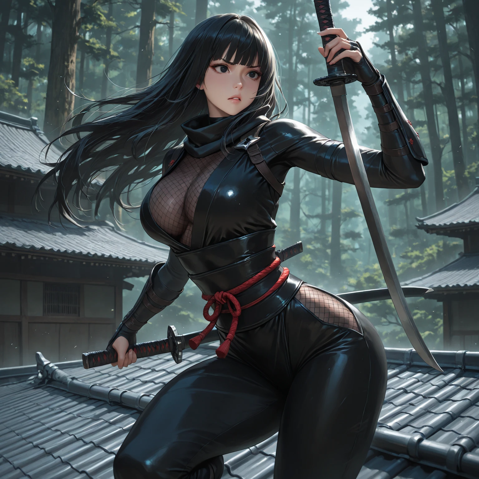 ((ninja woman, ((cloth covering her face)),((Black bodysuit, open zipper on the pussy, with a belt, with two swords in the sheath on the belt))),((gigantic breasts, naked breasts, naked pussy, erect breasts, cupping breasts)),((rock hair)),((brown eyes, desperate face)),((standing, in a haunted forest, at night)),((1 arm behind the back)) ,