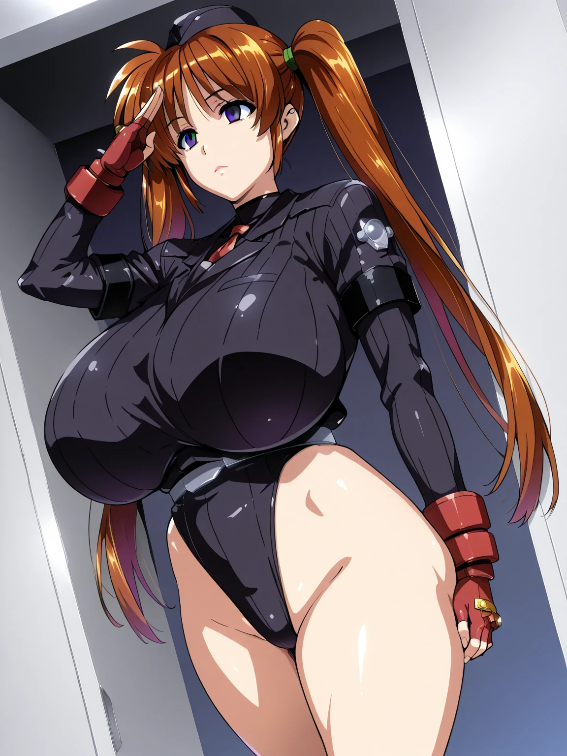Raphtalia, atractiva mujer. orejas de oso, cabello naranja brillante, red eyes like rubies, pechos grandes,  red and orange latex suit, military installation background.
