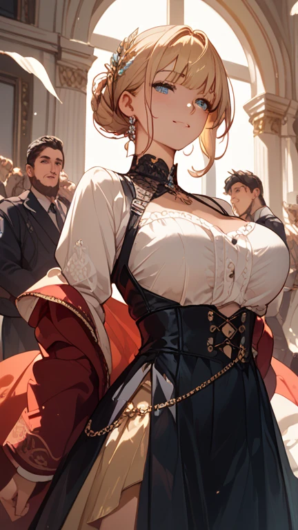 anime, ultra detailed, hyper detailed, best quality, highres, 4K, master piece, 1 female, 28-year-old, Navia, sexy lingerie, gigantic, huge breast, France city, crowded, (((accompanied by female bodyguards))),