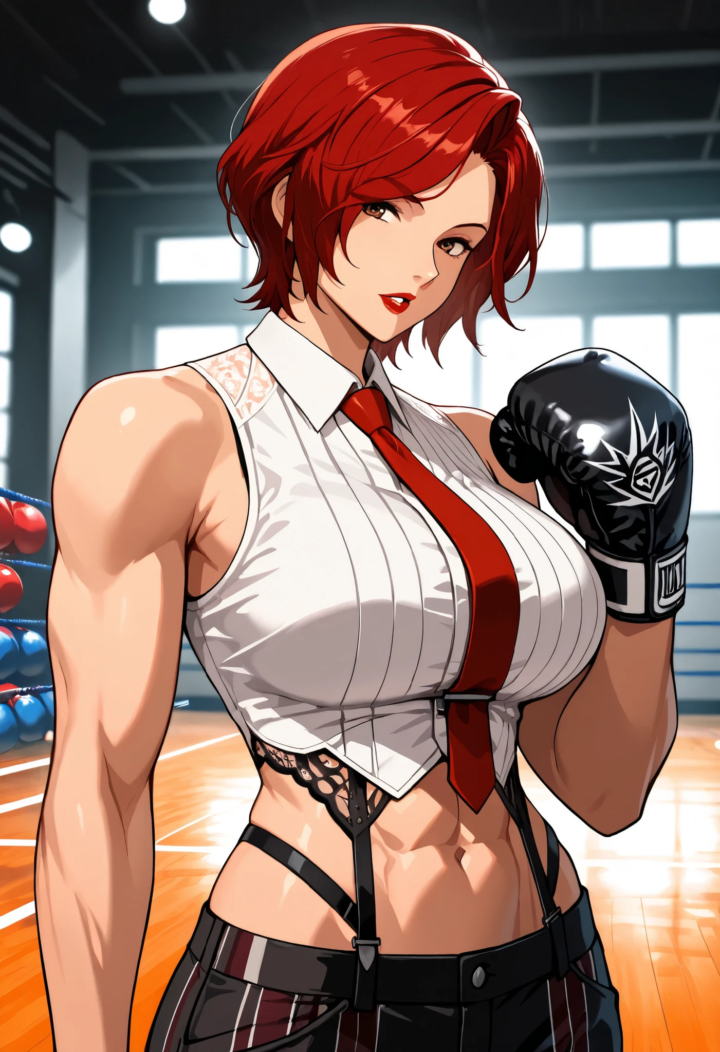 Anime style, 1 girl, solo, looking at viewer, mature woman, ((Vanessa from KOF)), short red hair, waved hair, parted bangs down, brown eyes, red lips, parted lips, white tanktop, big breasts, abs, toned body, slim waist, attractive, motherly, red tie, lace, black social pants, boxing gloves, rosy skin, tall woman, sexy woman, pose, upper body, soft light, in the gym, masterpiece, high quality, 8k, high definition, full HD.