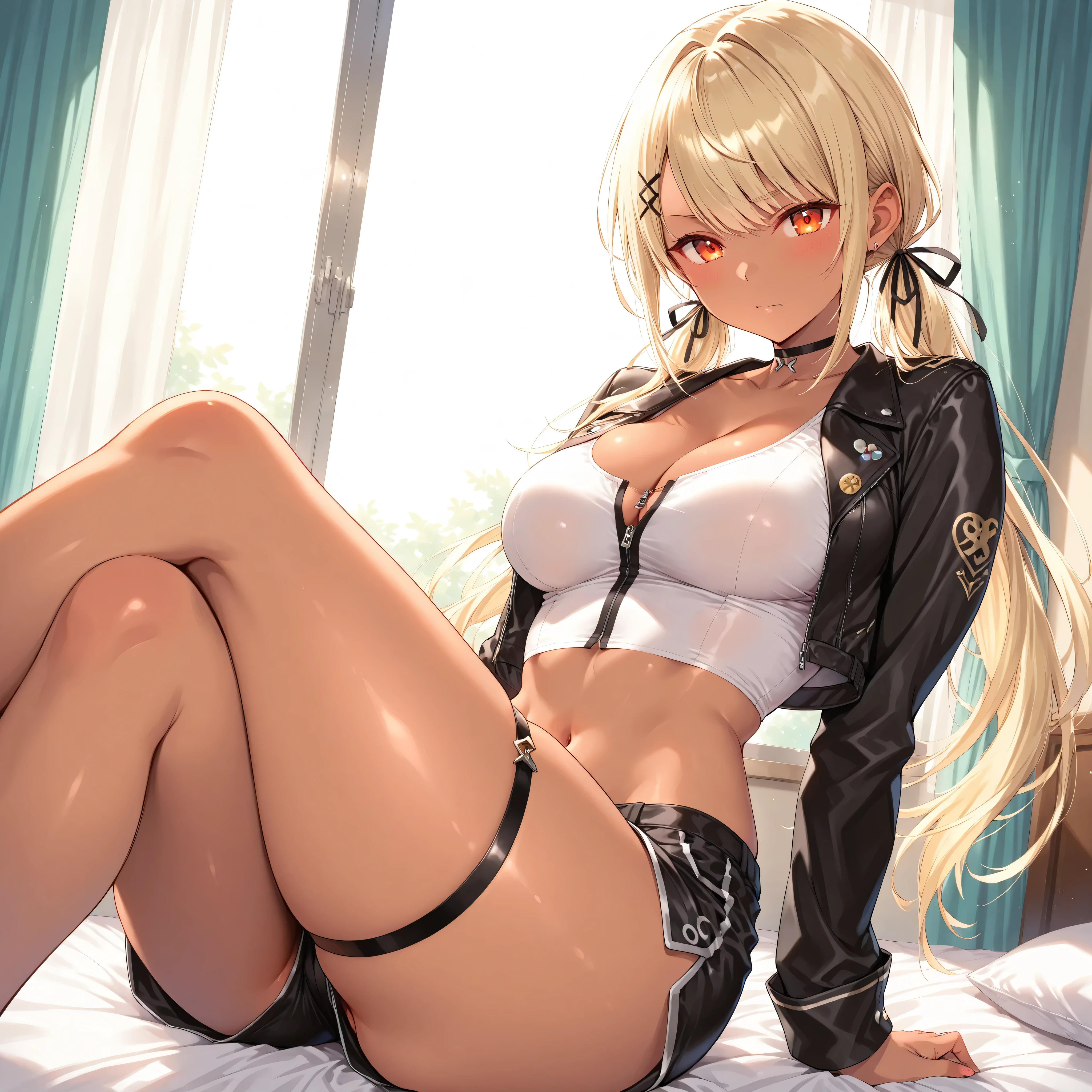 ((Best quality, 8K, Masterpiece :1.3)), Beautuful Women, 1woman, huge tit:1.3, ( slim toned body,very skinny:1.5),  blonde hair, (sitting on luxury bed, crossedlegs, a red low rise mini skirt:1.3 ), Ultra-fine face, Detailed lips, A detailed eye，See-through pantyhose,cutout between underboob、covered erectile nipples,I can see the belly button,(((vulgarity))),