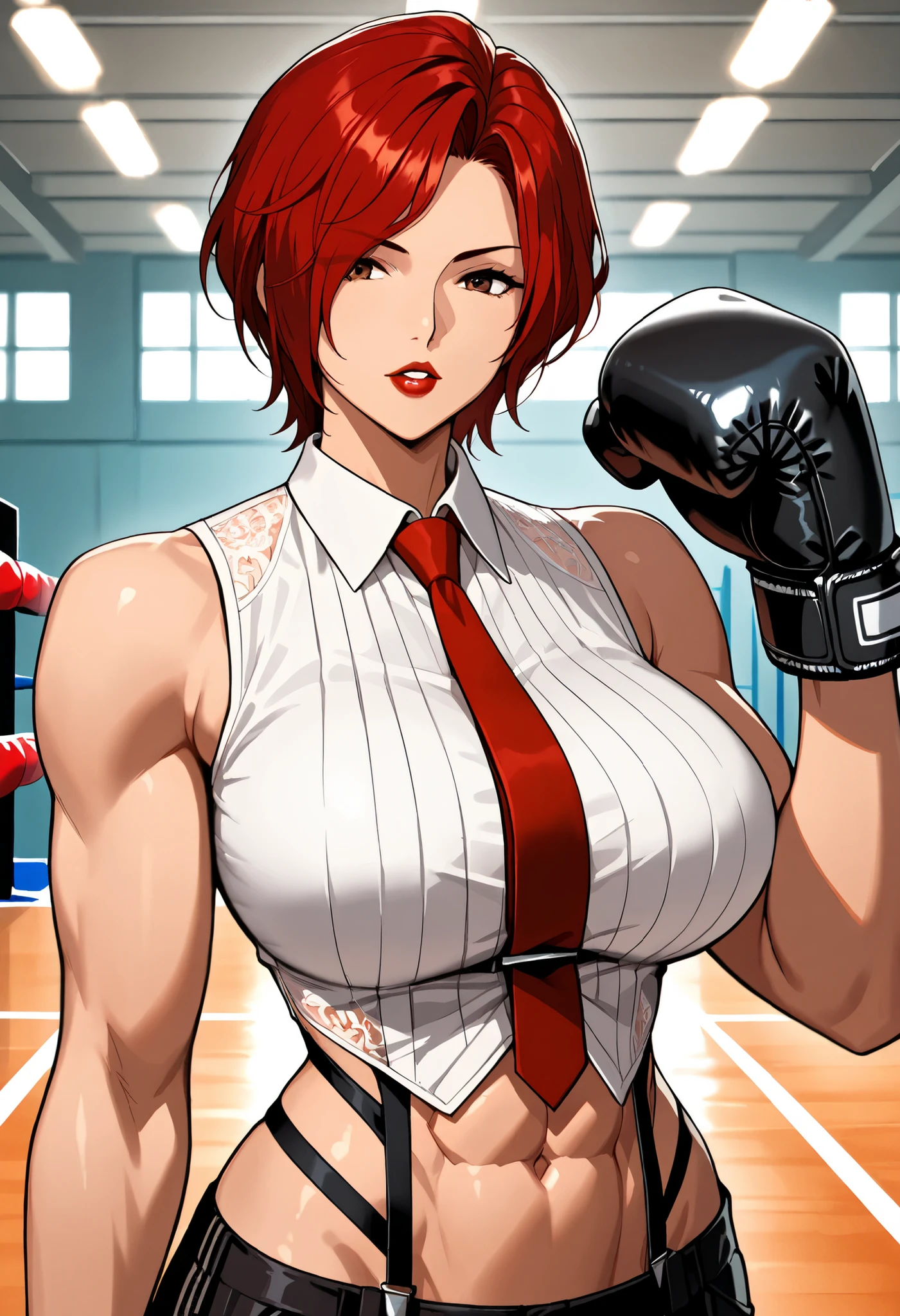 Anime style, 1 girl, solo, looking at viewer, mature woman, ((Vanessa from KOF)), short red hair, waved hair, parted bangs down, brown eyes, red lips, parted lips, white tanktop, big breasts, abs, toned body, slim waist, attractive, motherly, red tie, lace, black social pants, boxing gloves, rosy skin, tall woman, sexy woman, pose, upper body, soft light, in the gym, masterpiece, high quality, 8k, high definition, full HD.