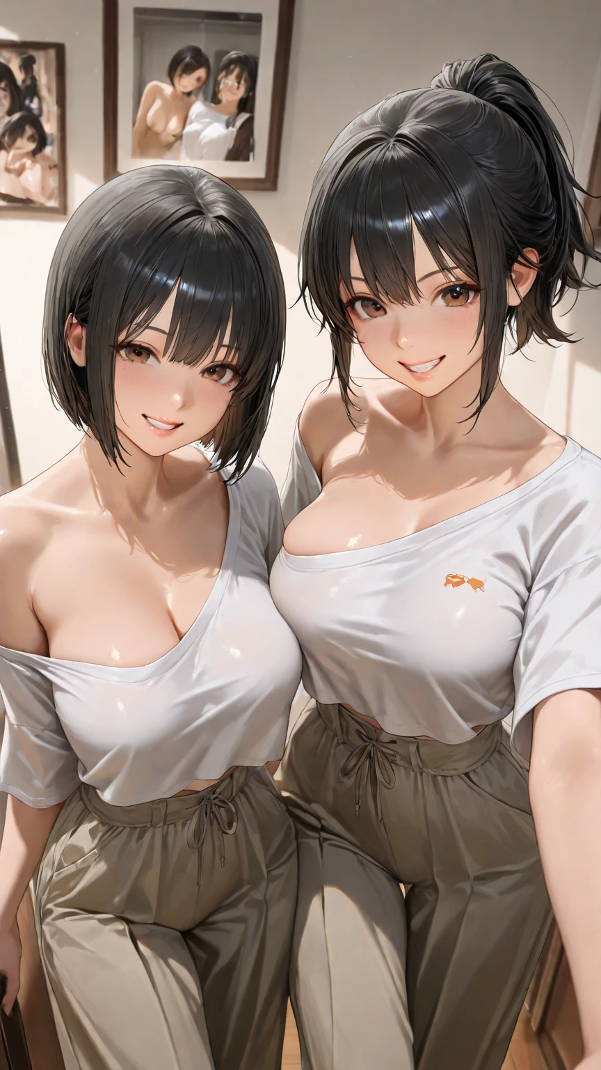 2lady(different hair style), 2lady(look of contempt), ((ultra-quality)), (Bukkake:1.5), (side view), (profile), (from side), (side colossal tit:1.6), (in 8K), (arms behind back:1.5), (arms are down), ultra highres, Hyper Detailed, High contrast, Ultrafine Strike, creative refinement, absurdres, Realistic, extremely detailed CG unified 8k wallpaper, Highly detailed, High-definition raw color photos, professional photography, Realistic portrait, Cinematic Light, Beautiful detailed, 28 years old woman, (realistic skin:1.3), (shiny skin), (Best Quality:1.4), Super Detail, High quality, master piece, lifelike, (After SEX), Bukkake, Perfect face, (cum on chest:1.5), (Bukkake:1.5), (covered by lot of cum:1.5), (Sharp Focus), (upper body), (bust up focus:1.3), (close up), Delicate Beautiful Hair and Eyes and Face, Delicate eyes, radiant eyes, Lifelike, Hyper-detailing, (epic fasshion:1.3), (off shoulder), (sleeveless), (covered breasts), (Sheer large areola:1.3), (colossal breasts:1.6), (big breasts:1.5), (Beautiful breasts:1.5), (smooth stomach), (Sheer nipples:1.3), (erected large areola:1.1), (arms behind back:1.3), Beautiful cute woman, camel-toe details, (NSFW), wet clothes, pale black eyes, (bob cut), (medium hair), (parted bangs), (baseball stadium), (unpopular)