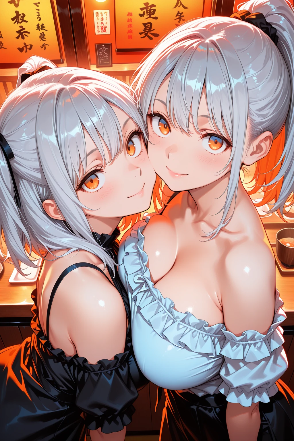 ((2girl,yuri),gazed at each other,(kiss)),Very detailed,High resolution,4K,8k,masterpiece,High resolution,((Anatomically correct number of limbs),(Anatomically correct number of fingers)), ((silver hair, twintails), (gothic lolita,),(heterochromia), hairband, red ribbon,black choker, bare shoulders, red dress, red bow, detached sleeves),(shiny),((huge breasts),beautiful breasts,curvy),(Gothic-style mansion)