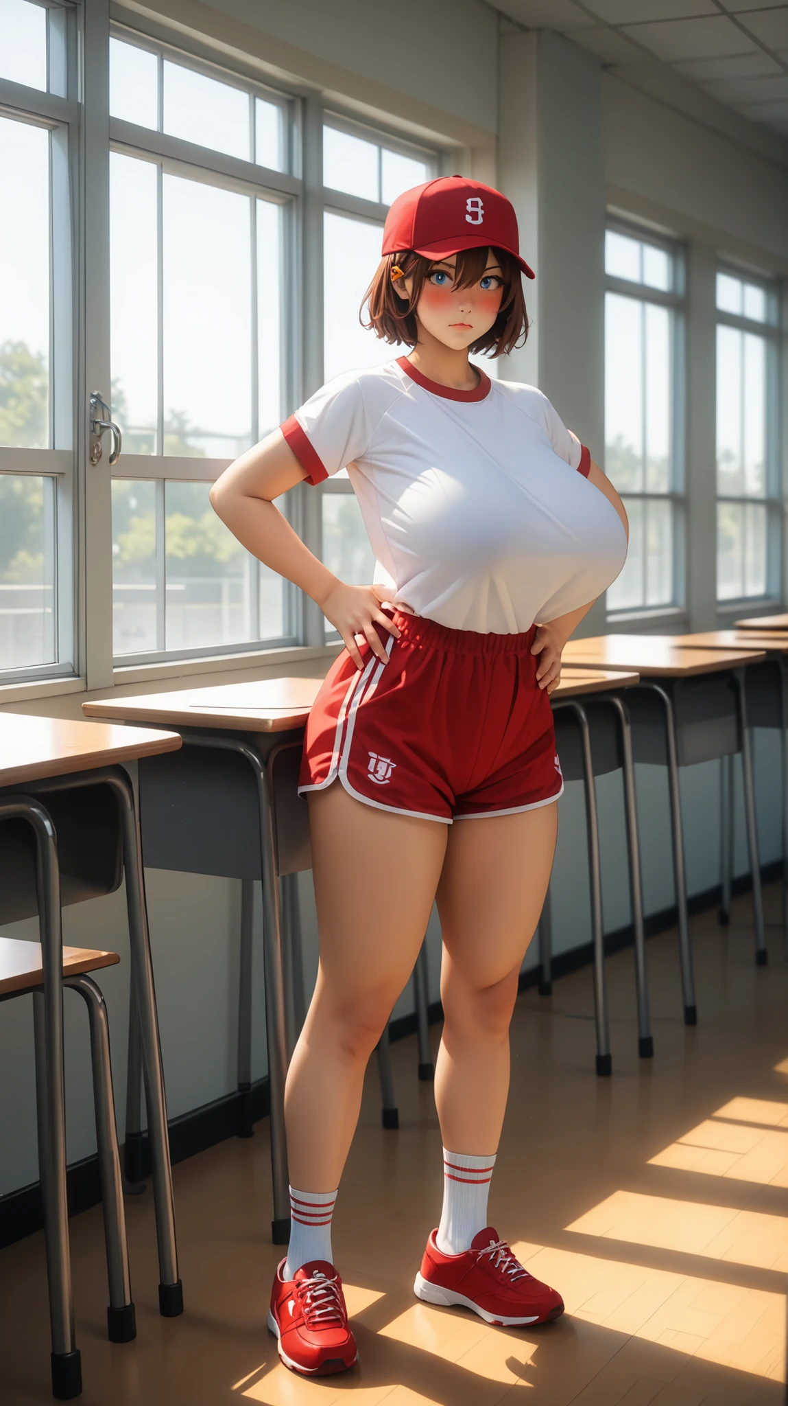 score_9, score_8_up, score_7_up,source_anime,lazypos, lazympos, lazyup, highres, hi res, best quality, masterpiece, High Resolution, ((full shot)),
((a girl standing in the school classroom look at the window)), 1girl, solo, ((cute girl with big )), ((look at window)), akane nanao (akane wa tsumare somerareru), reddish brown hair, short hair, hair between eyes, yellow hairclips, blue eyes, (:1.5), (really big  under the shirt:1.4), ( athletics:1.2), aestetics, thick thighs, ((thin :1.1)), buruma, gym uniform (red bloomer, whit shirt),socks,shoes, (red baseball_cap:1.3), stern look, blush, half opened eyes, photoshoot pose, posing ((one hand on )), (awkard expression:1.2), (blushing), (((Anatomically Correct))), empty school classroom, windows japannese school background, asian environnement, sunset