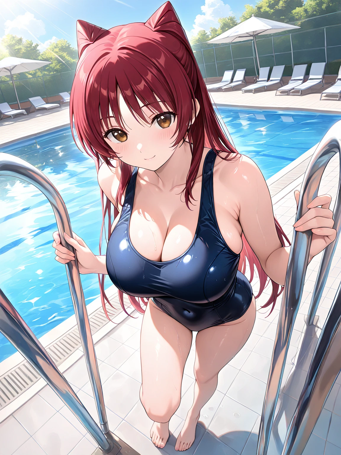 mastute piece,Best Quality,insanely detailed,8k cg,nsfw,
(shoot upper body:1.3),
(1girls:1.3),standing,looking at viewr,body in front,(arms behind back:1.4),(navy blue school swimsuit:1.4),(bare breasts:1.4),break,
blush,shy,(ecstasy face),(trembling:1.2),break,(light red hair:1.2),
break,
perfect breasts,perfect teats,(open mouth:0.9),(large breasts:1.3),
(poolside:1.1),